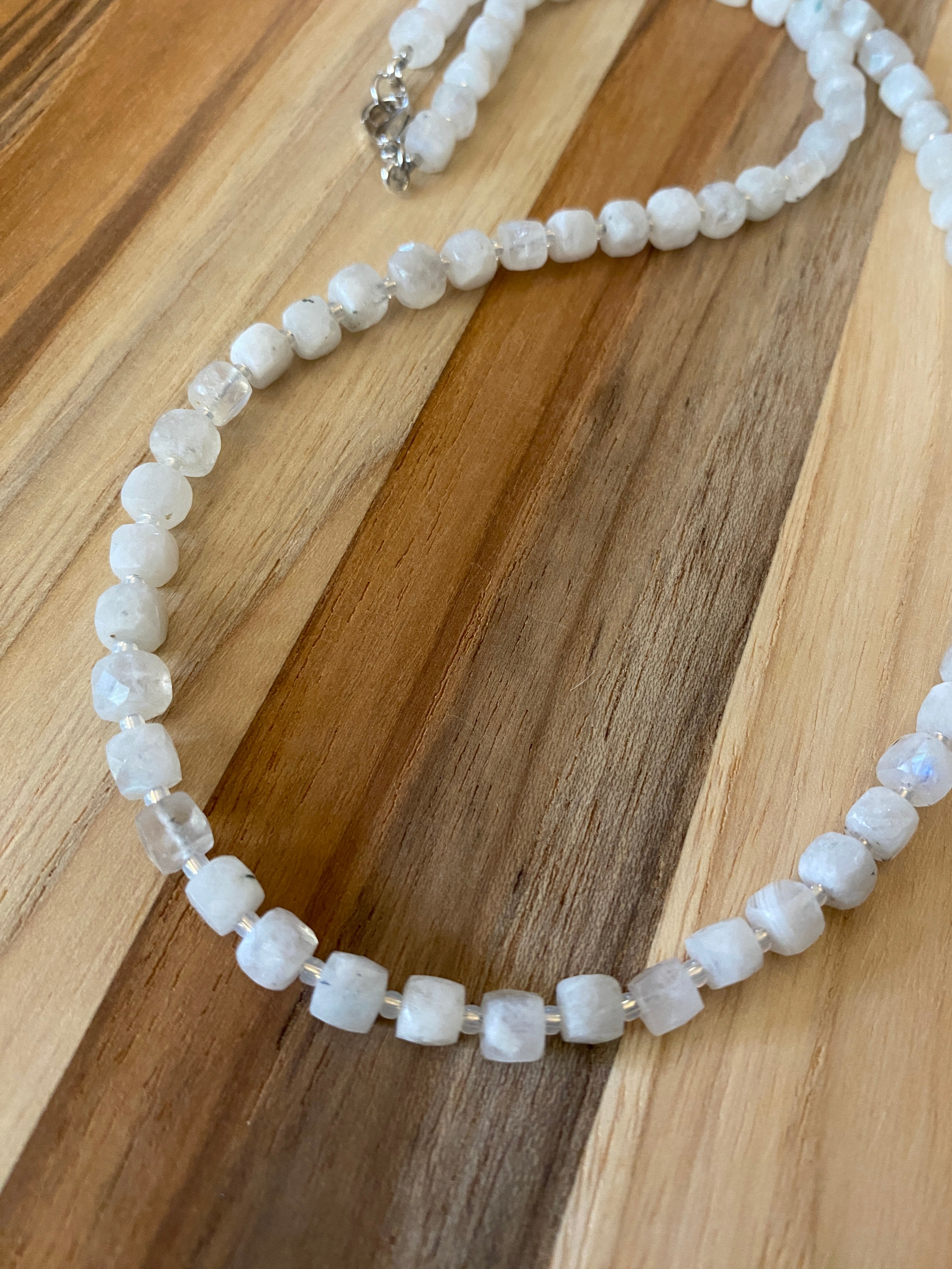 Dainty Simplistic Rainbow Moonstone Faceted Cube Beaded Necklace
