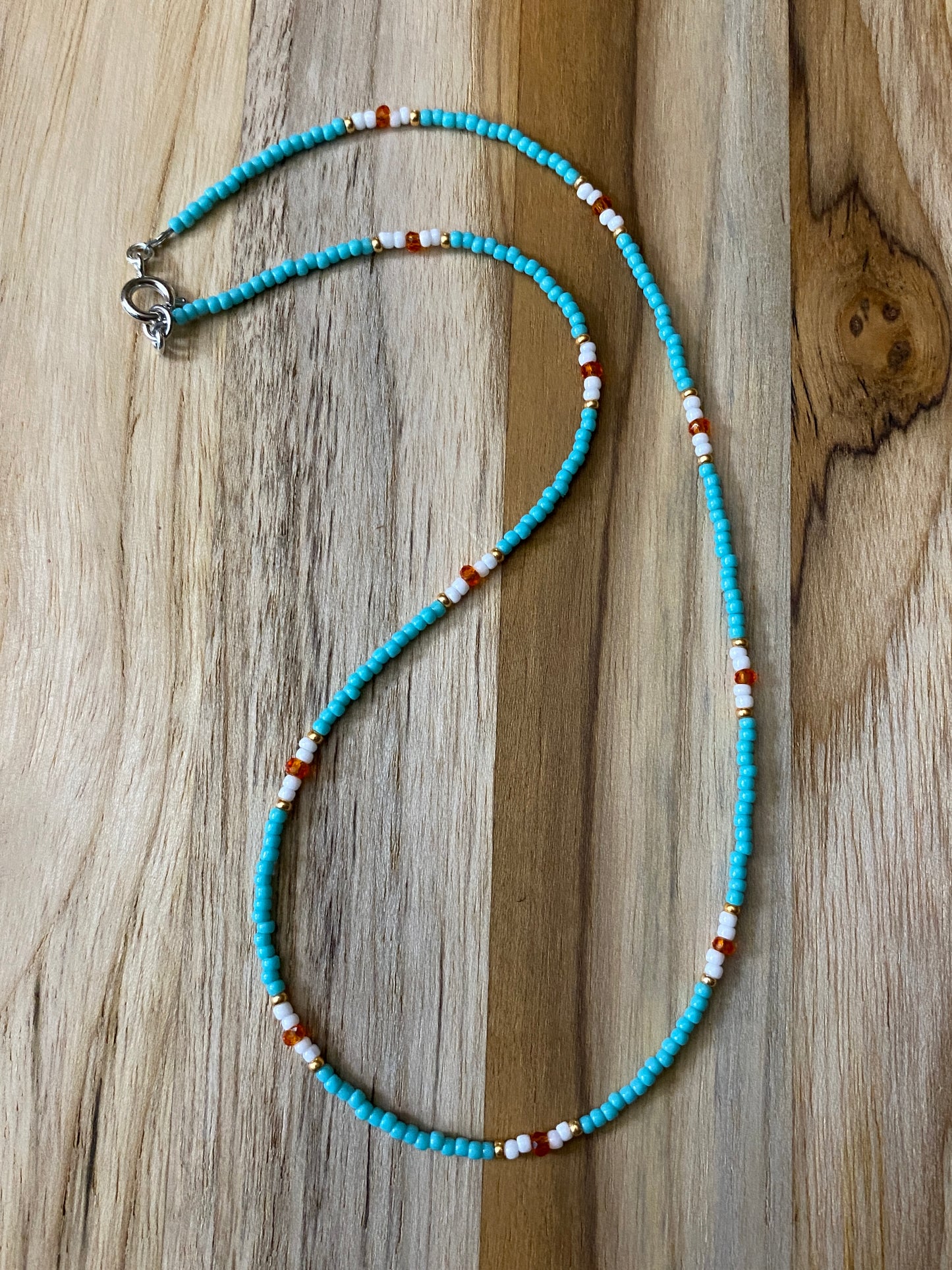 Dainty Minimalist Turquoise Seed Bead Beaded Necklace with Crystal