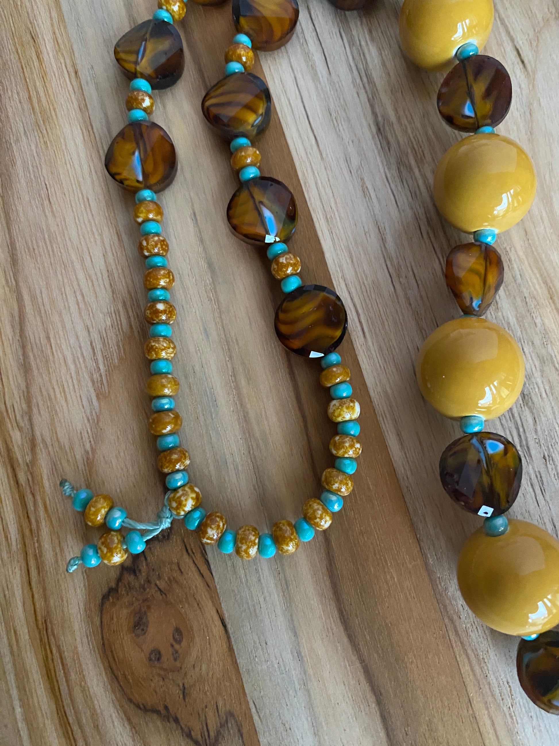 28" Mustard Yellow Ceramic Beaded Necklace with Brown and Turquoise Glass and Seed Beads - My Urban Gems