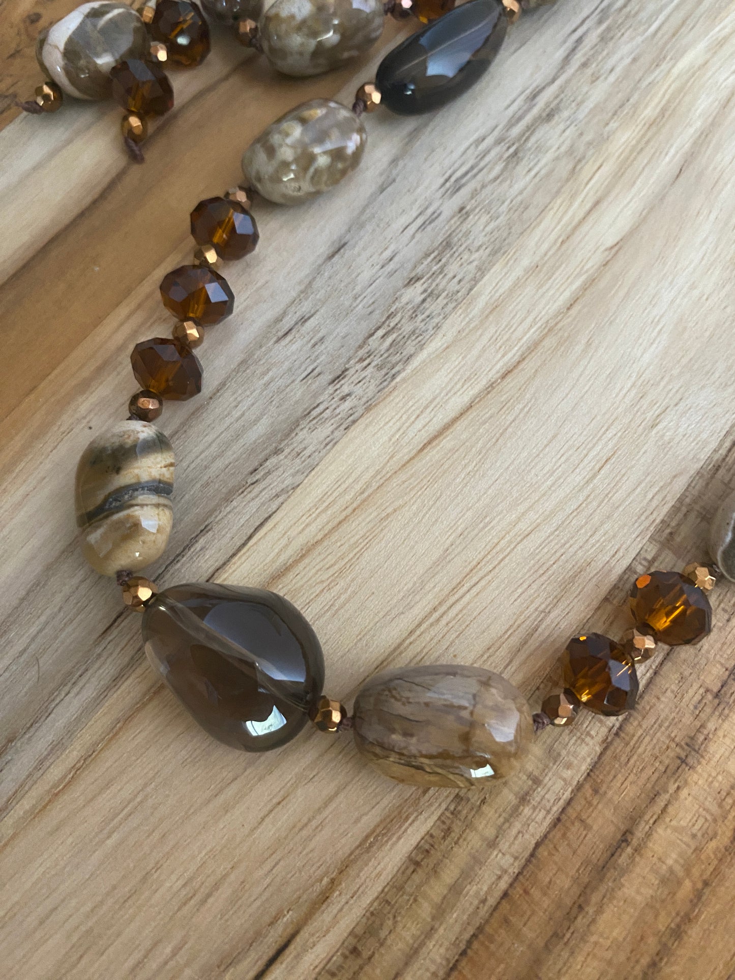 30" Long Shades of Brown Picture Jasper, Smoky Quartz & Crystal Necklace