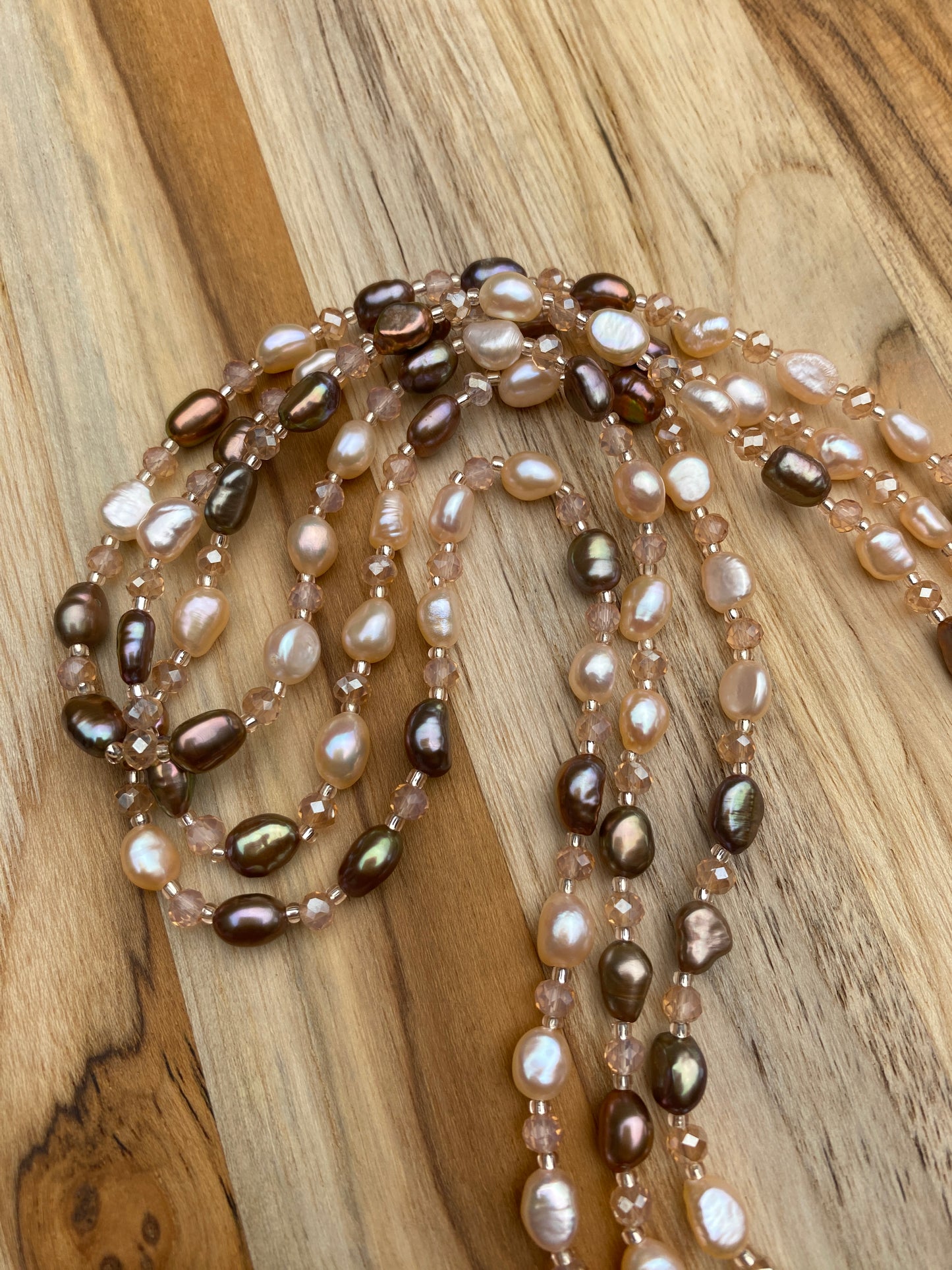 Long Dainty Brown and Cream Freshwater Pearl Beaded Necklace with Crystal Beads