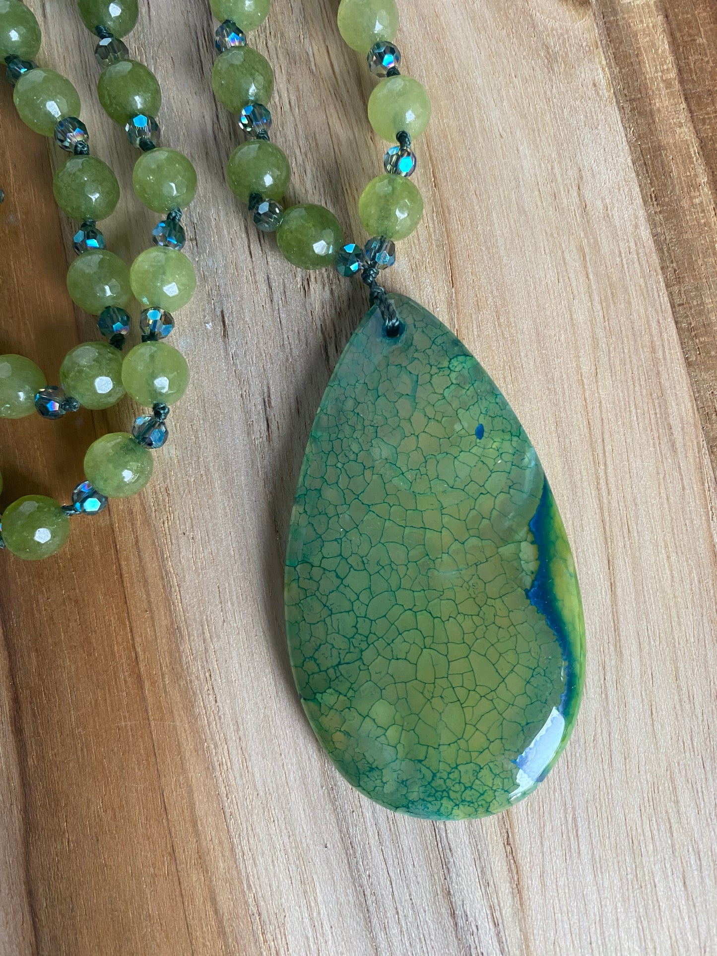 28" Long Green Dragon Vein Agate Pendant Necklace with Green Agate & Crystal Beads