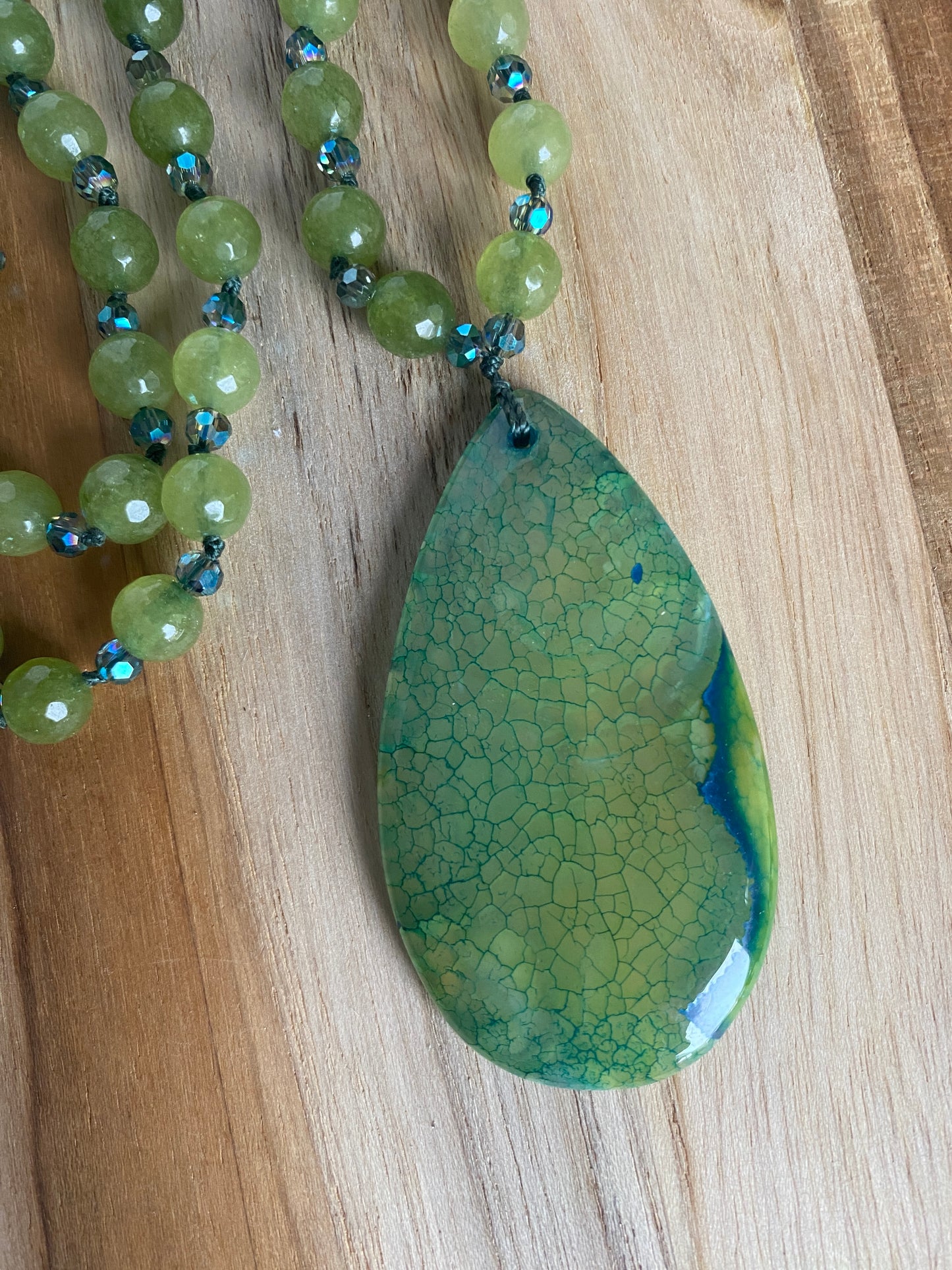 28" Long Green Dragon Vein Agate Pendant Necklace with Green Agate & Crystal Beads - My Urban Gems