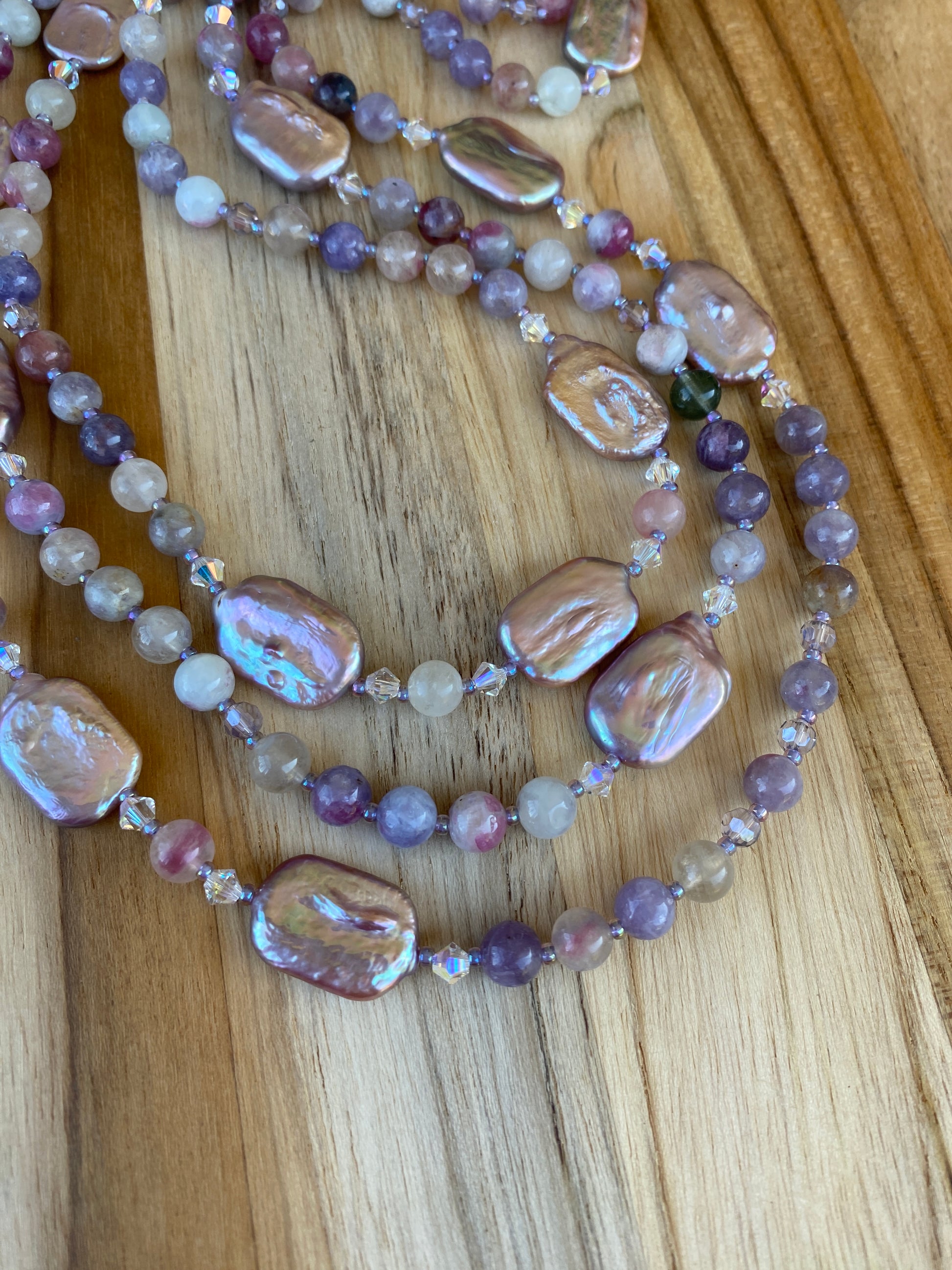 60" Extra Long Lavender Purple Beaded Biwa Pearl and Unicorn Stone Wraparound Style Necklace with Crystal Beads - My Urban Gems