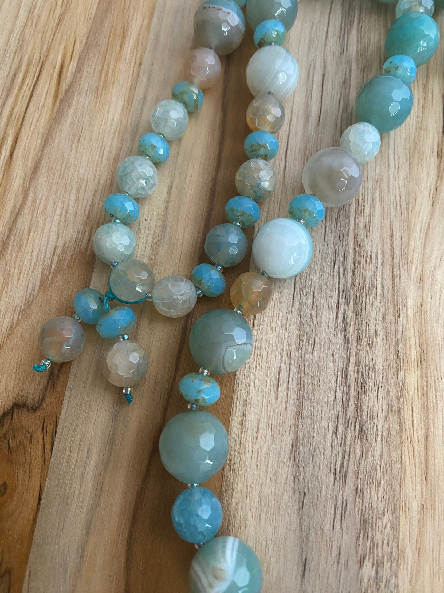 29" Long Aqua Blue Agate Beaded Necklace with Glass Beads