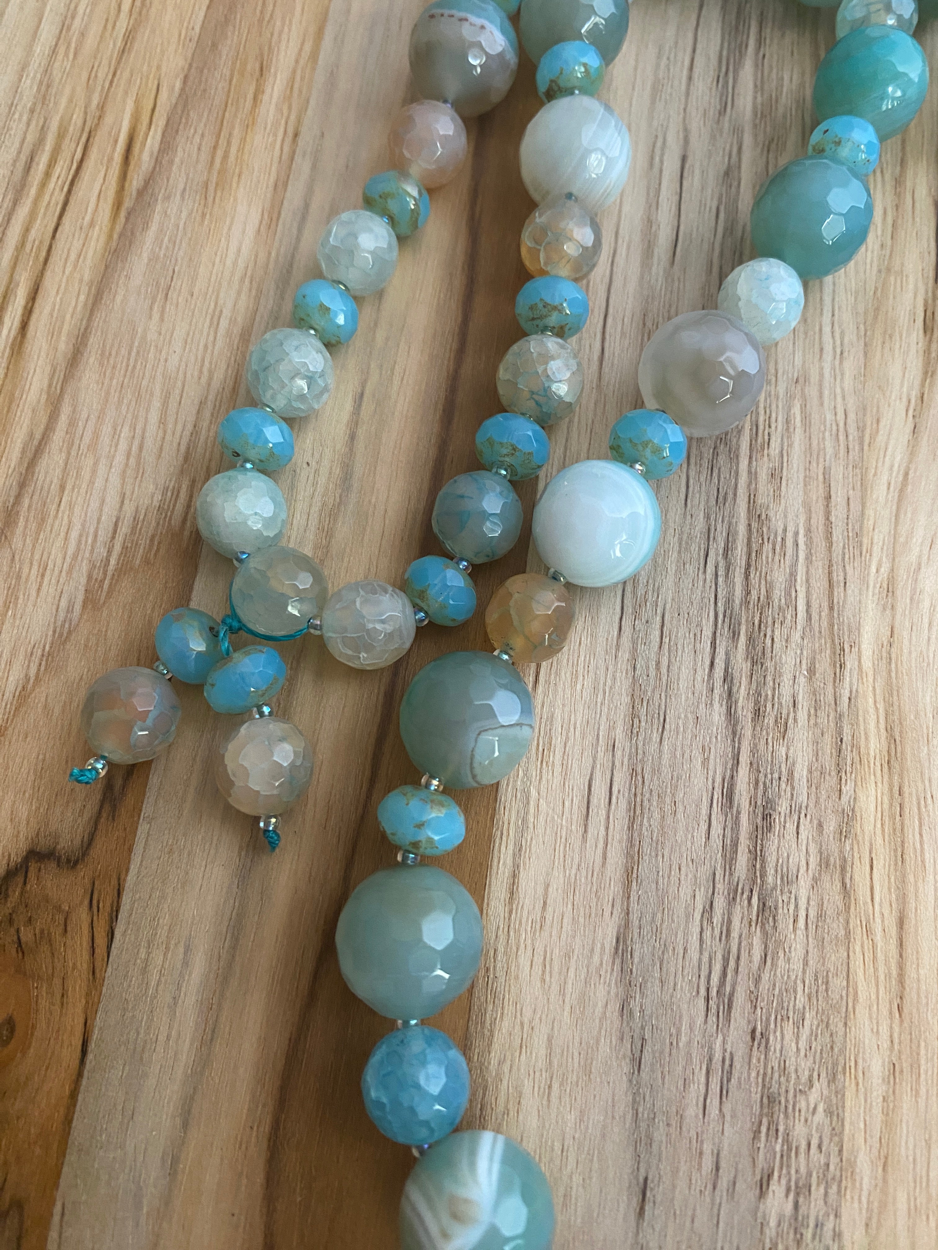 29" Long Aqua Blue Agate Beaded Necklace with Glass Beads - My Urban Gems