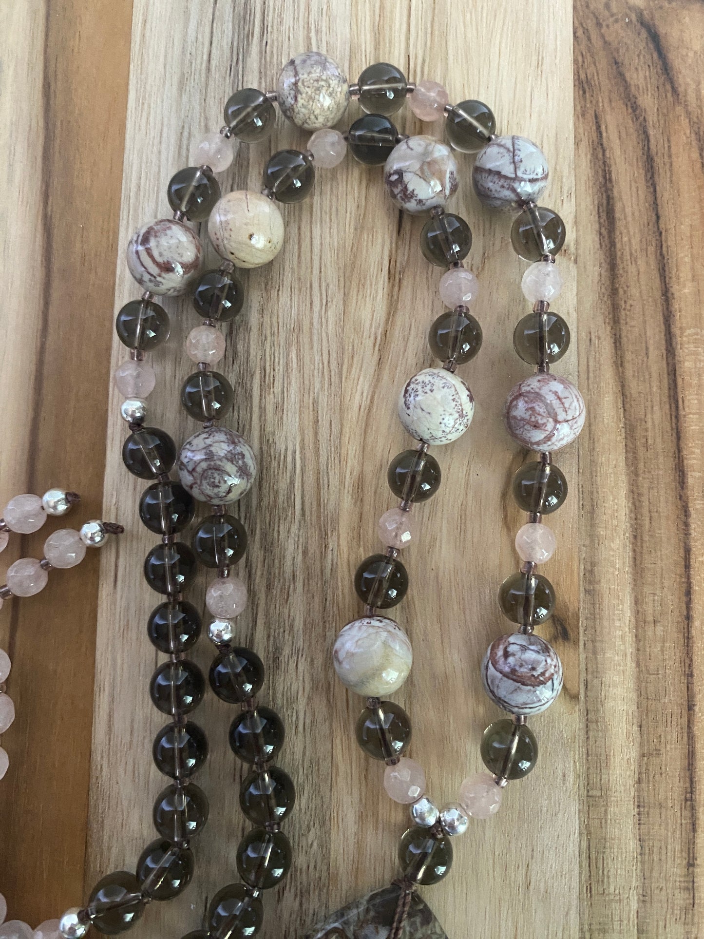 28" Long Ayaka Agate Pendant Necklace with Picasso Jasper, Smoky Quartz & Agate Beads