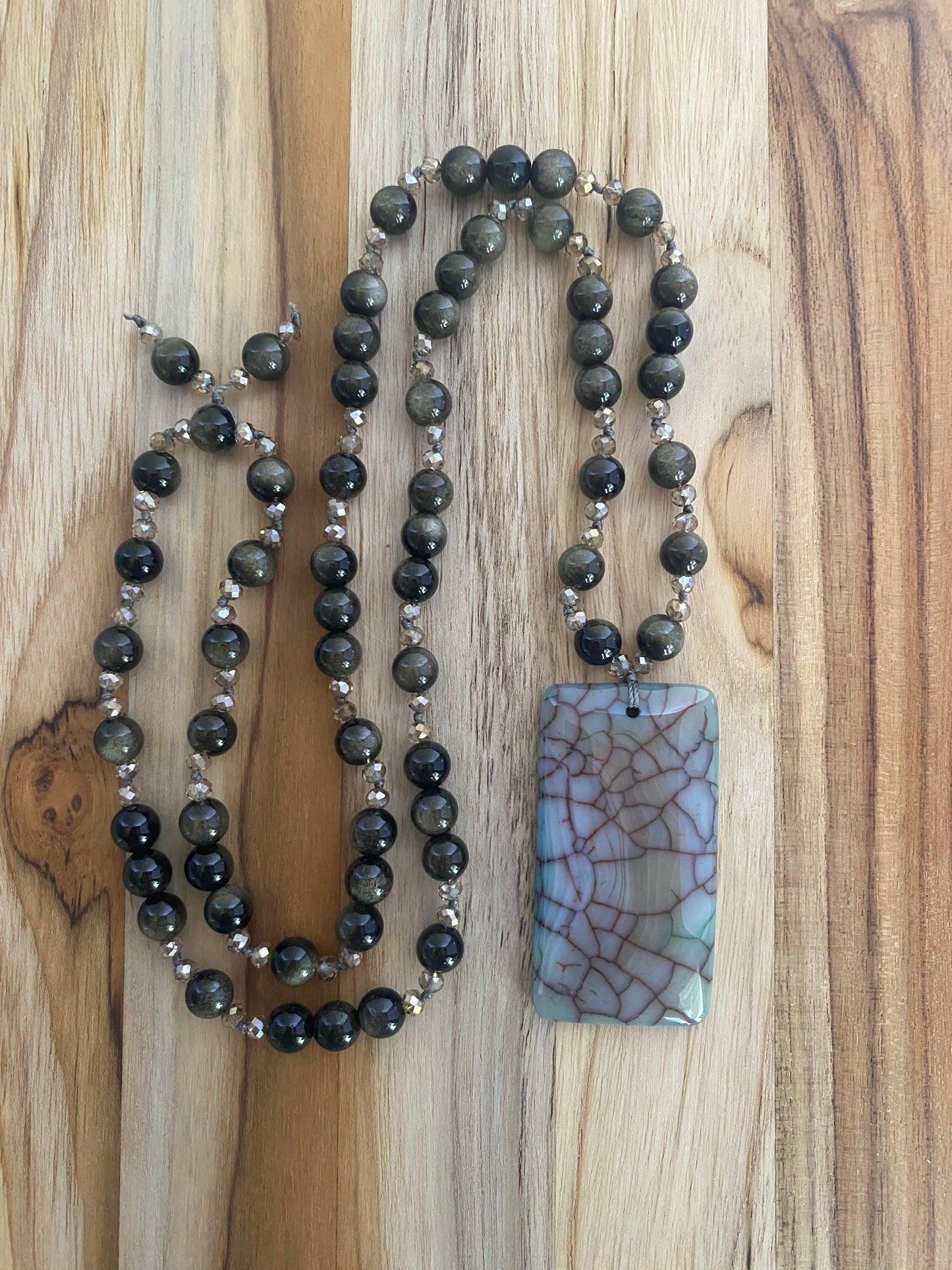 30" Long Beaded Dragon Vein Agate Pendant Necklace with Rainbow Obsidian & Crystal Beads