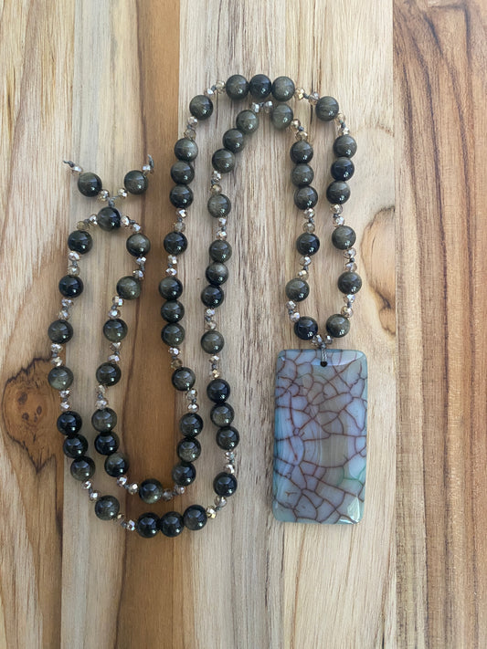 30" Long Beaded Dragon Vein Agate Pendant Necklace with Rainbow Obsidian & Crystal Beads