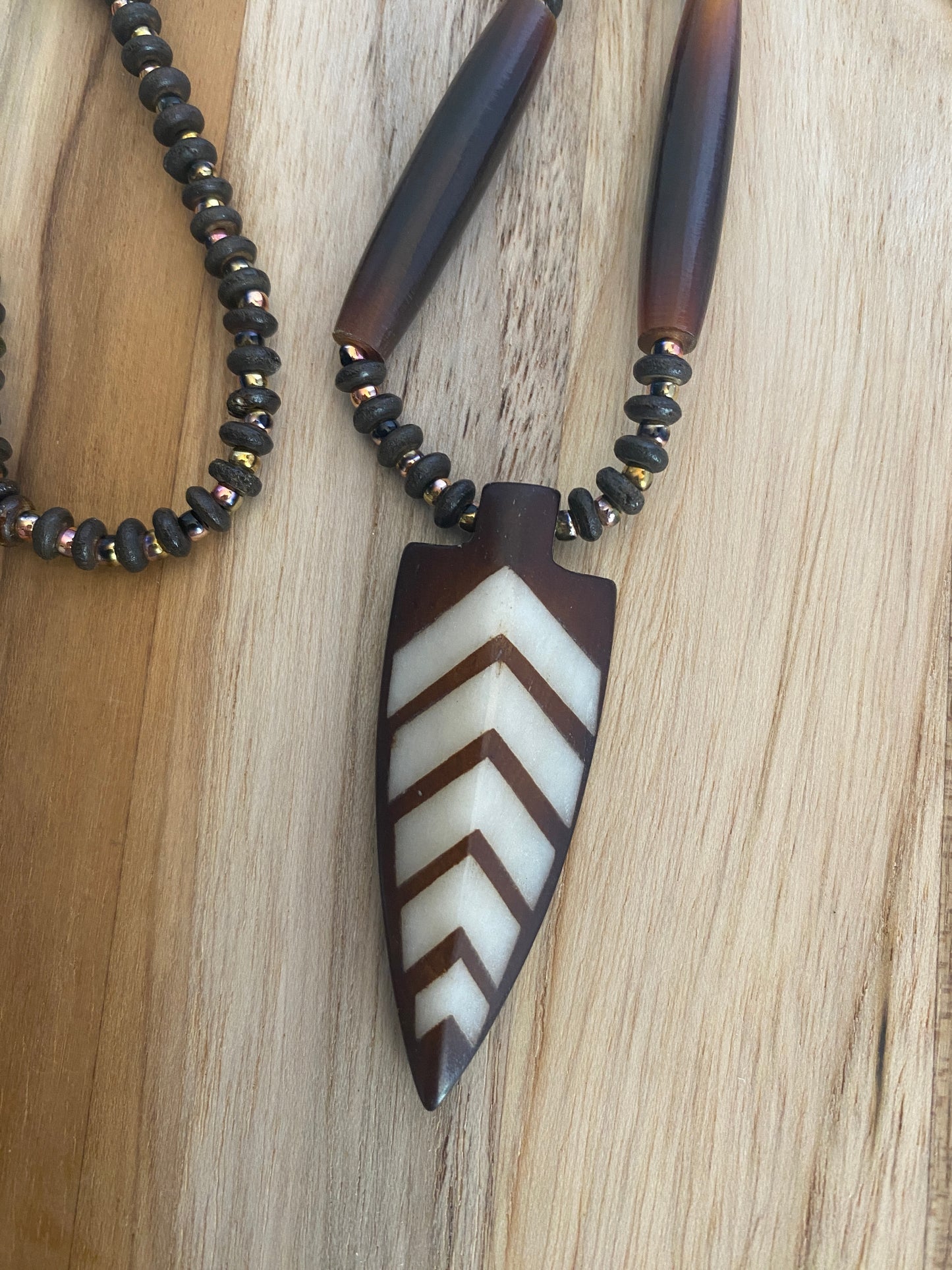 30" Long Unisex Native Inspired Arrowhead Pendant Necklace with Hairpipe, Horn & Seed Beads