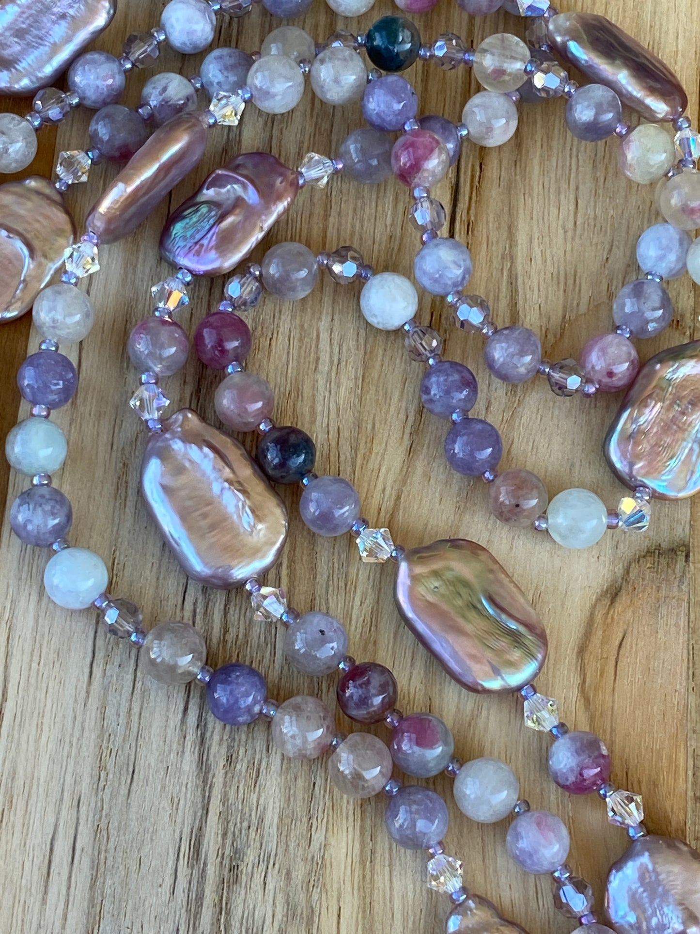 Extra Long Lavender Purple Beaded Biwa Pearl and Unicorn Stone Wraparound Style Necklace with Crystal Beads