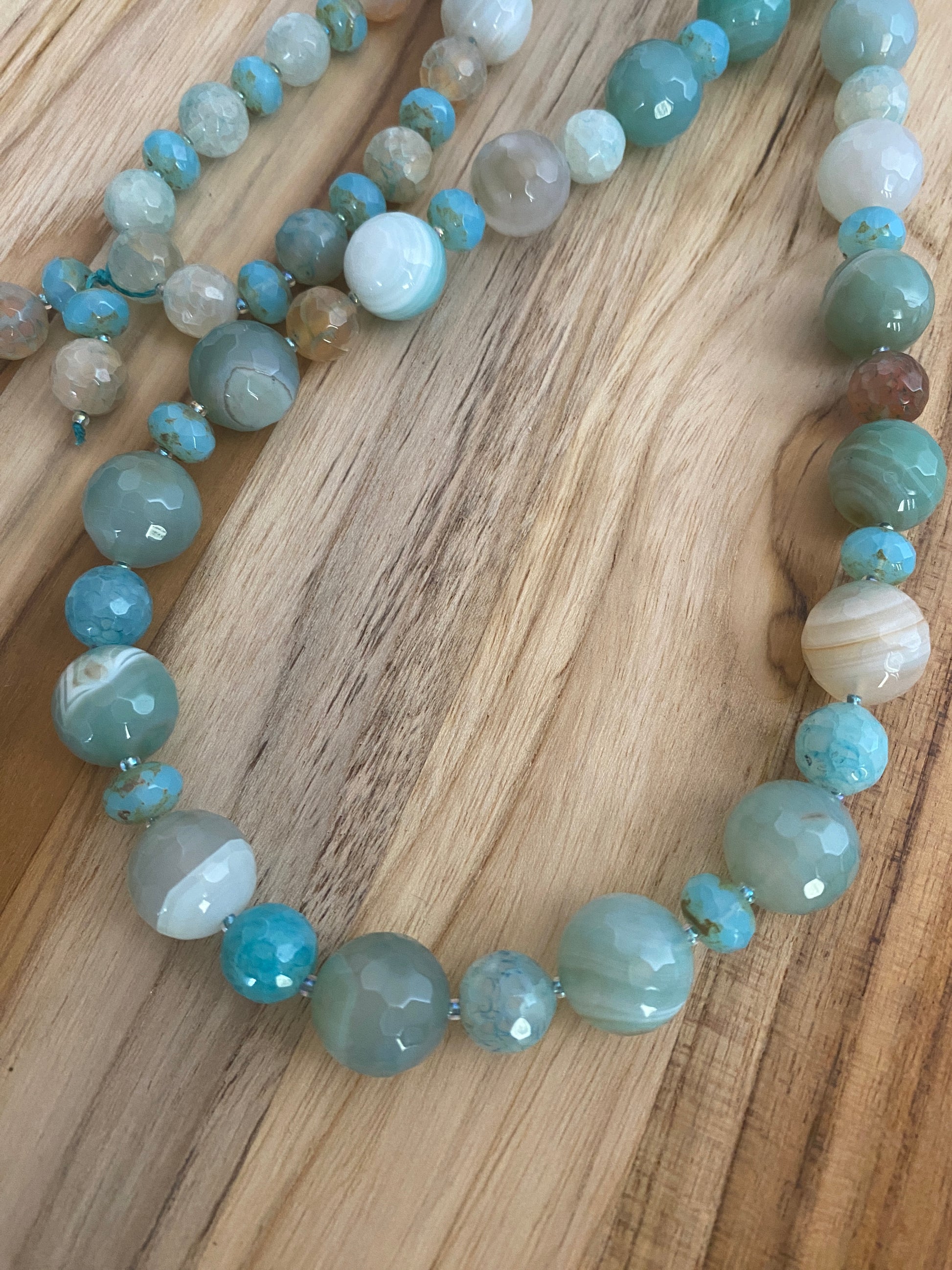 29" Long Aqua Blue Agate Beaded Necklace with Glass Beads - My Urban Gems