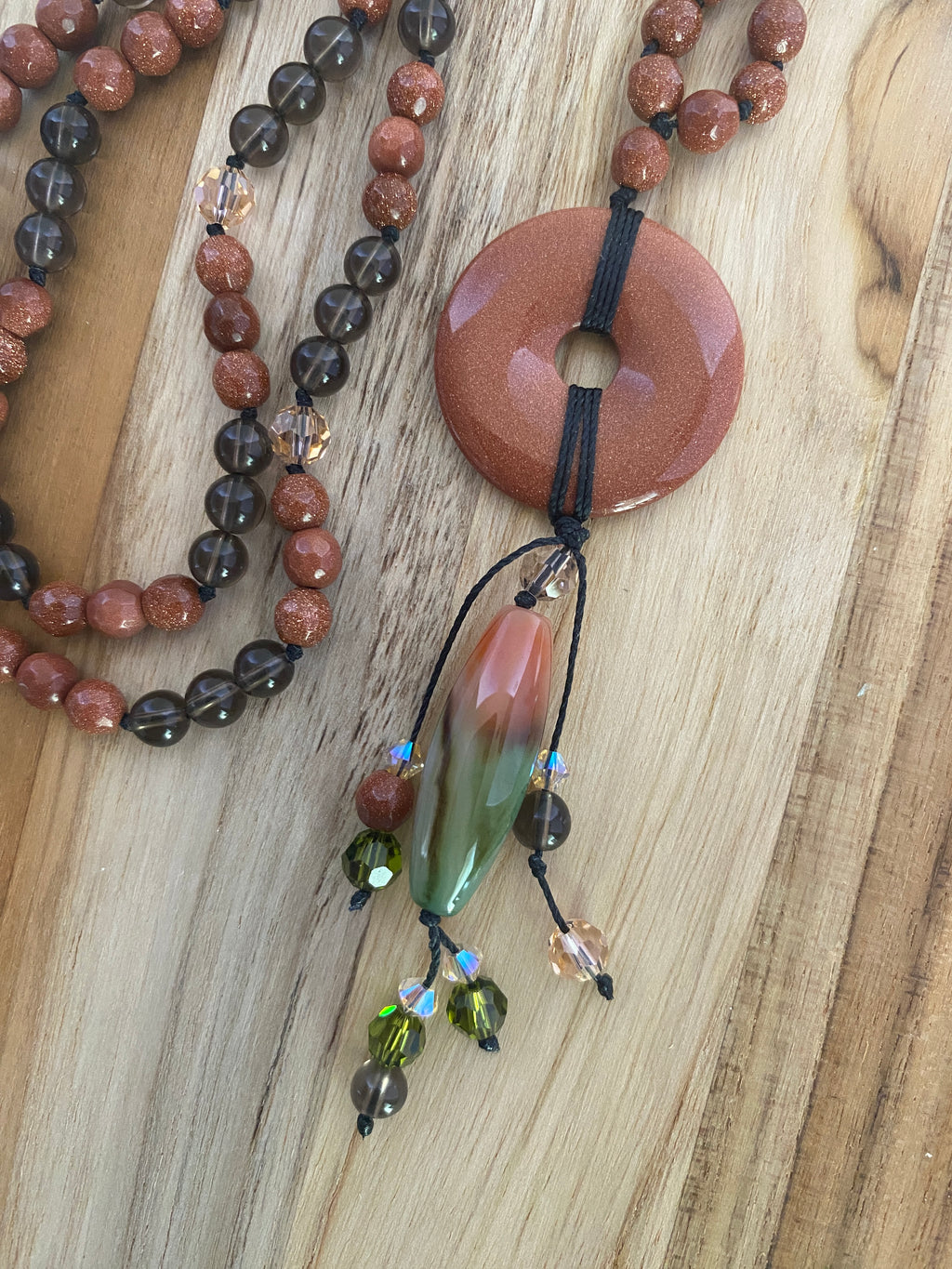 30" Goldstone, Smoky Quartz & Swarovski Crystal Donut Necklace - My Urban Gems