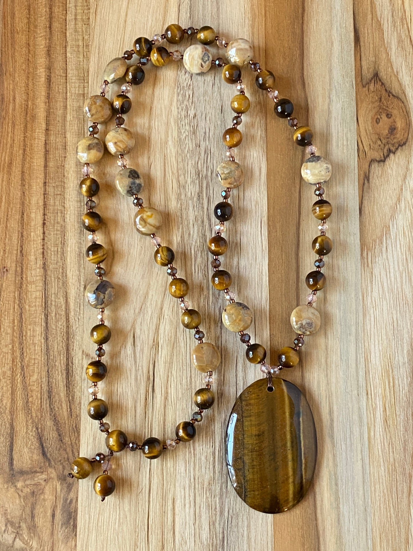 Long Tiger Eye Pendant Necklace with Agate and Crystal Beads