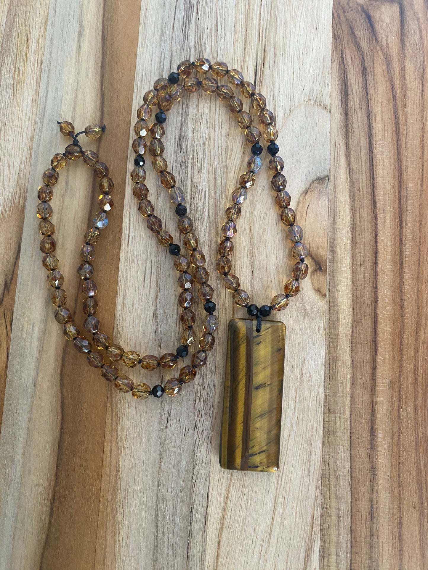 28" Hand Knotted Tiger Eye Pendant Necklace with Picasso Czech Glass & Crystal Beads - My Urban Gems