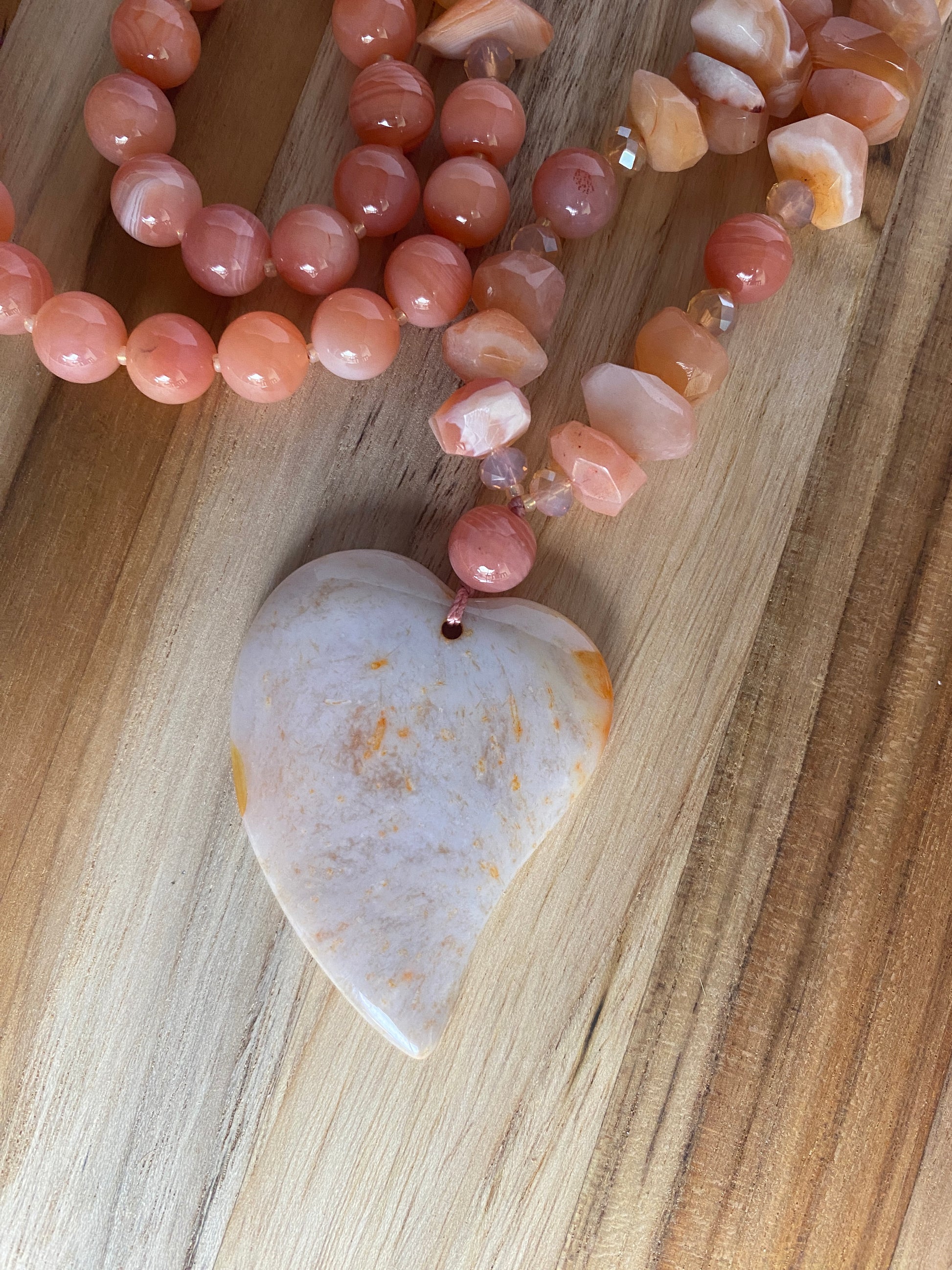 28" Long Agate Heart Pendant Necklace with Red Peach Color Agate & Crystal Beads - My Urban Gems