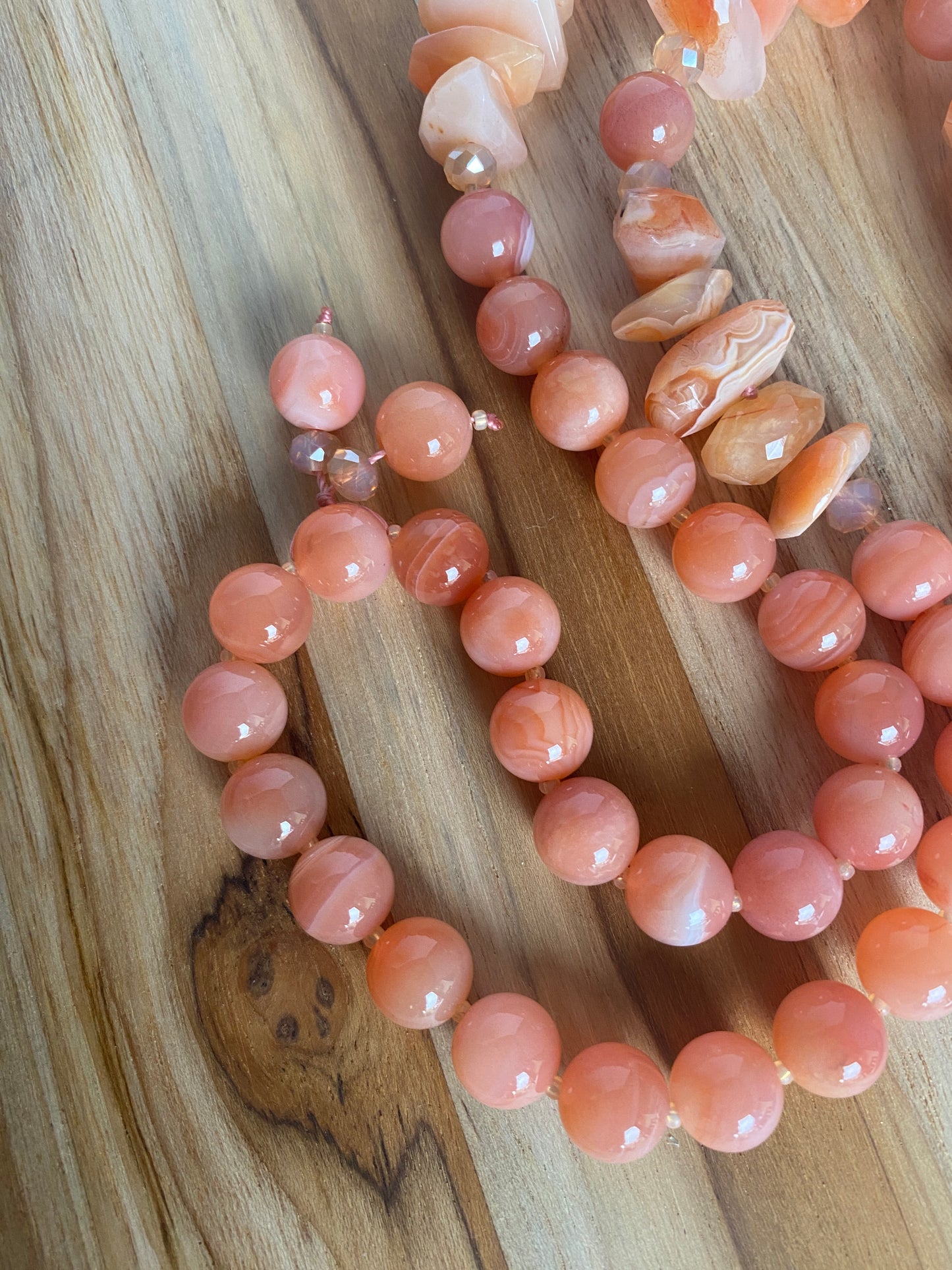 28" Long Agate Heart Pendant Necklace with Red Peach Color Agate & Crystal Beads - My Urban Gems