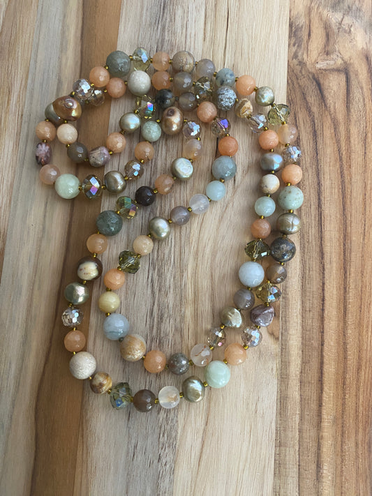 Long Peach and Green Beaded Multi Gem, Glass and Crystal Necklace