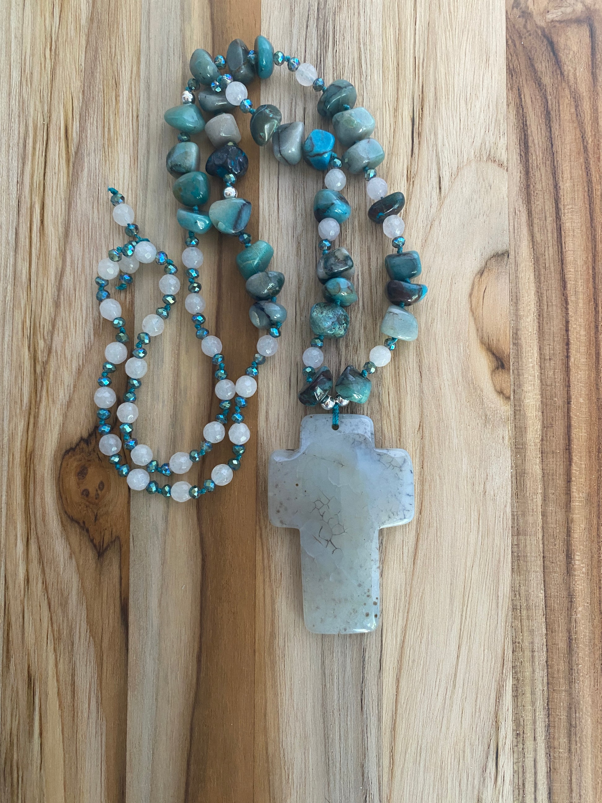 28" Long Light Grey Agate Cross Beaded Necklace with Tumbled Amazonite, Agate & Crystal Beads - My Urban Gems