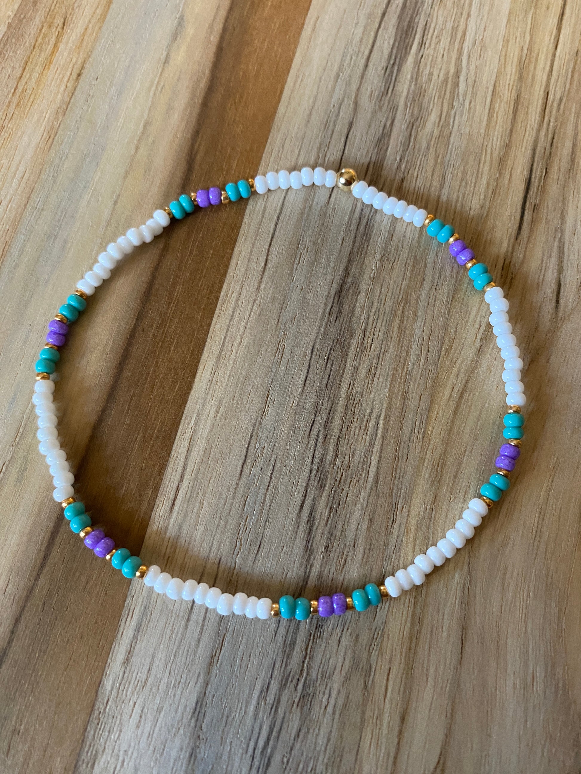 Dainty Beach Vibe White Seed Bead Ankle Bracelet Anklet with Purple and Turquoise Accents - My Urban Gems