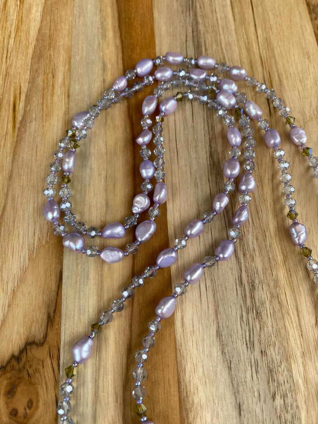 48” Long Dainty Pale Lavender Pearl Necklace with Crystal Beads