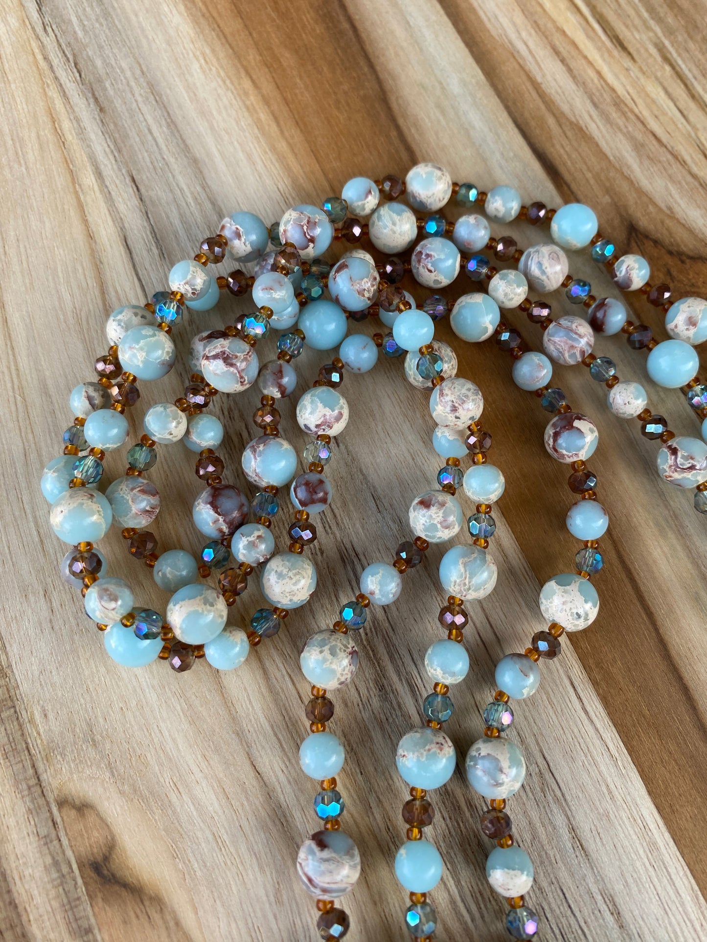 60" Extra Long Light Blue Shoushan Stone Beaded Wraparound Necklace with Crystal Beads - My Urban Gems