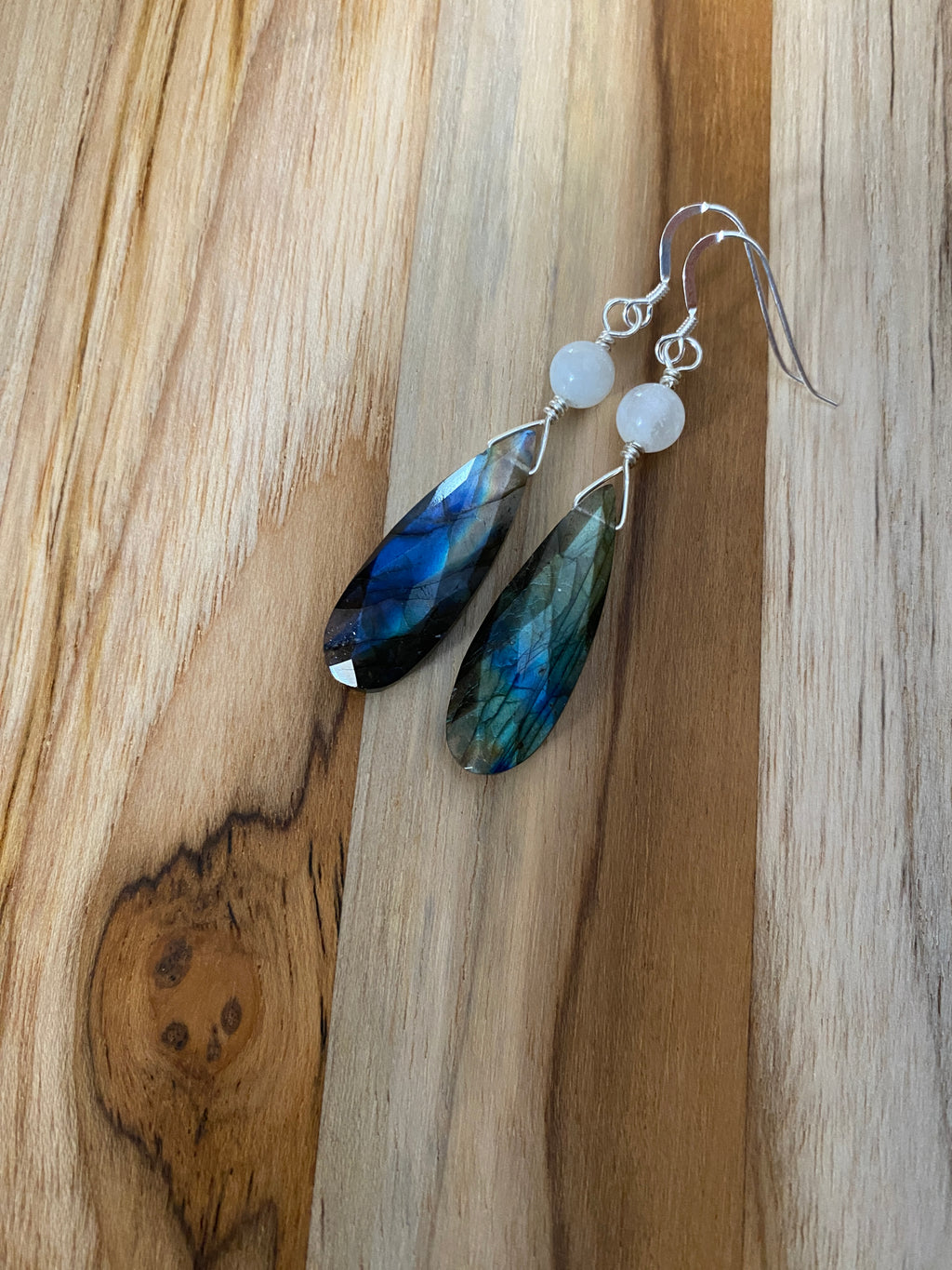 Long Flashy Labradorite and Moonstone Dangle Earrings with Sterling Silver