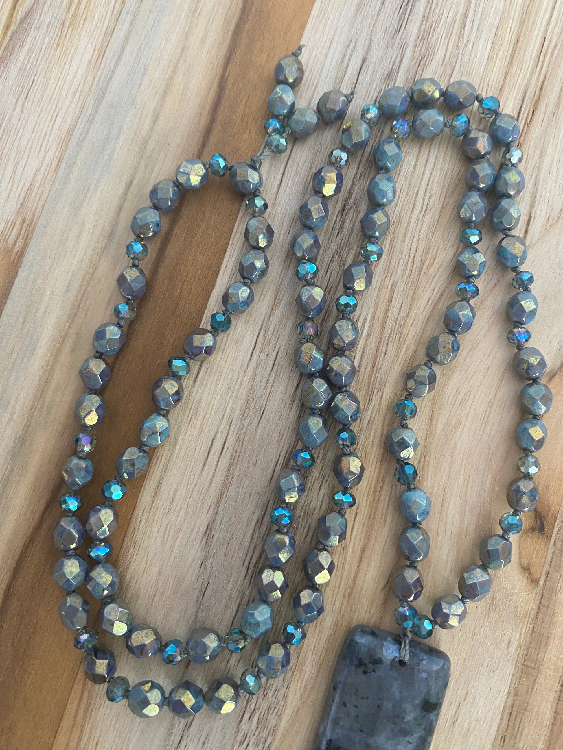 28" Long Hand Knotted Larvikite Pendant Necklace with Czech Glass Beads & Crystals - My Urban Gems