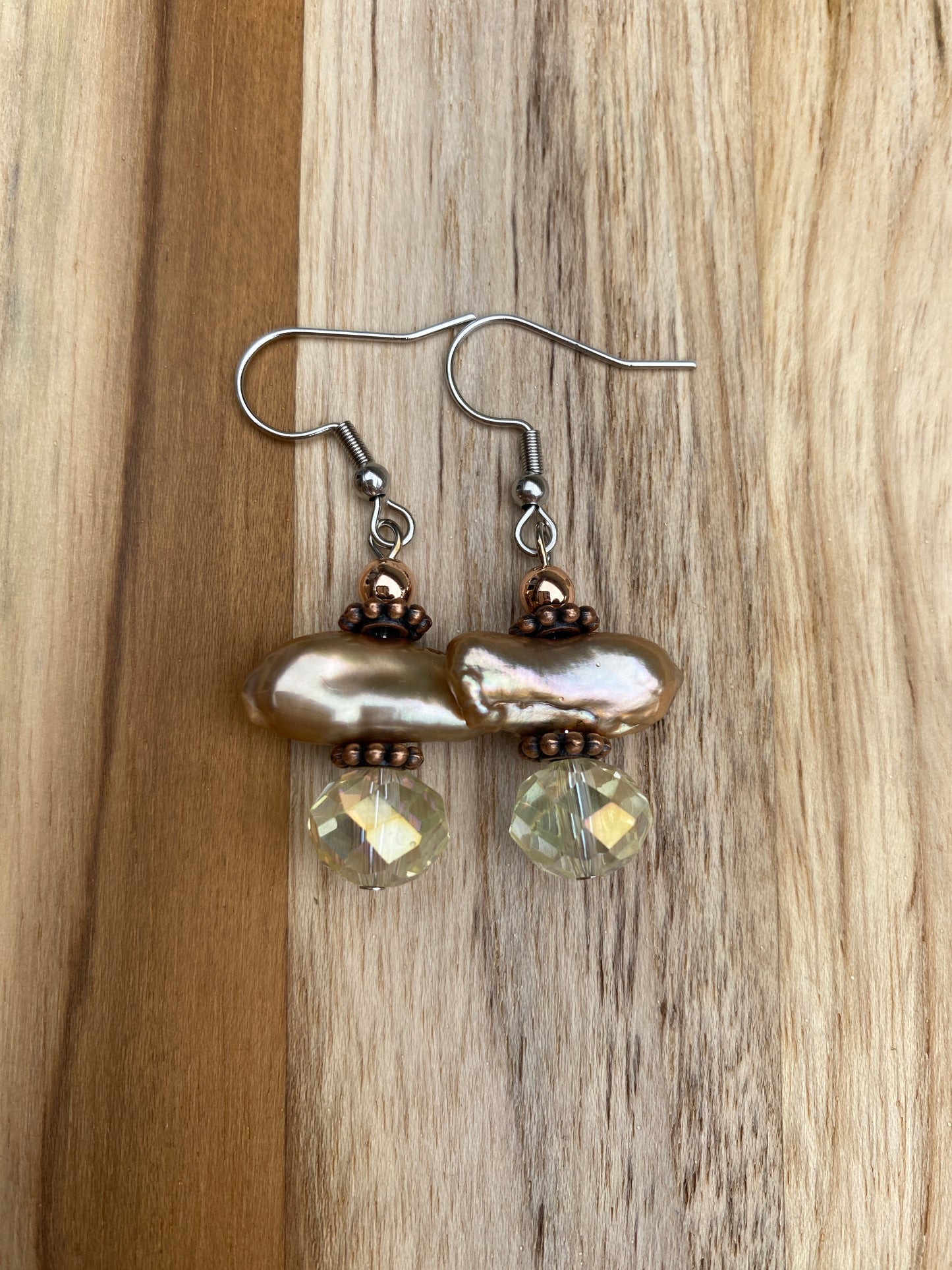 Champagne Color Biwa Pearl Dangle Earrings with Crystal - My Urban Gems