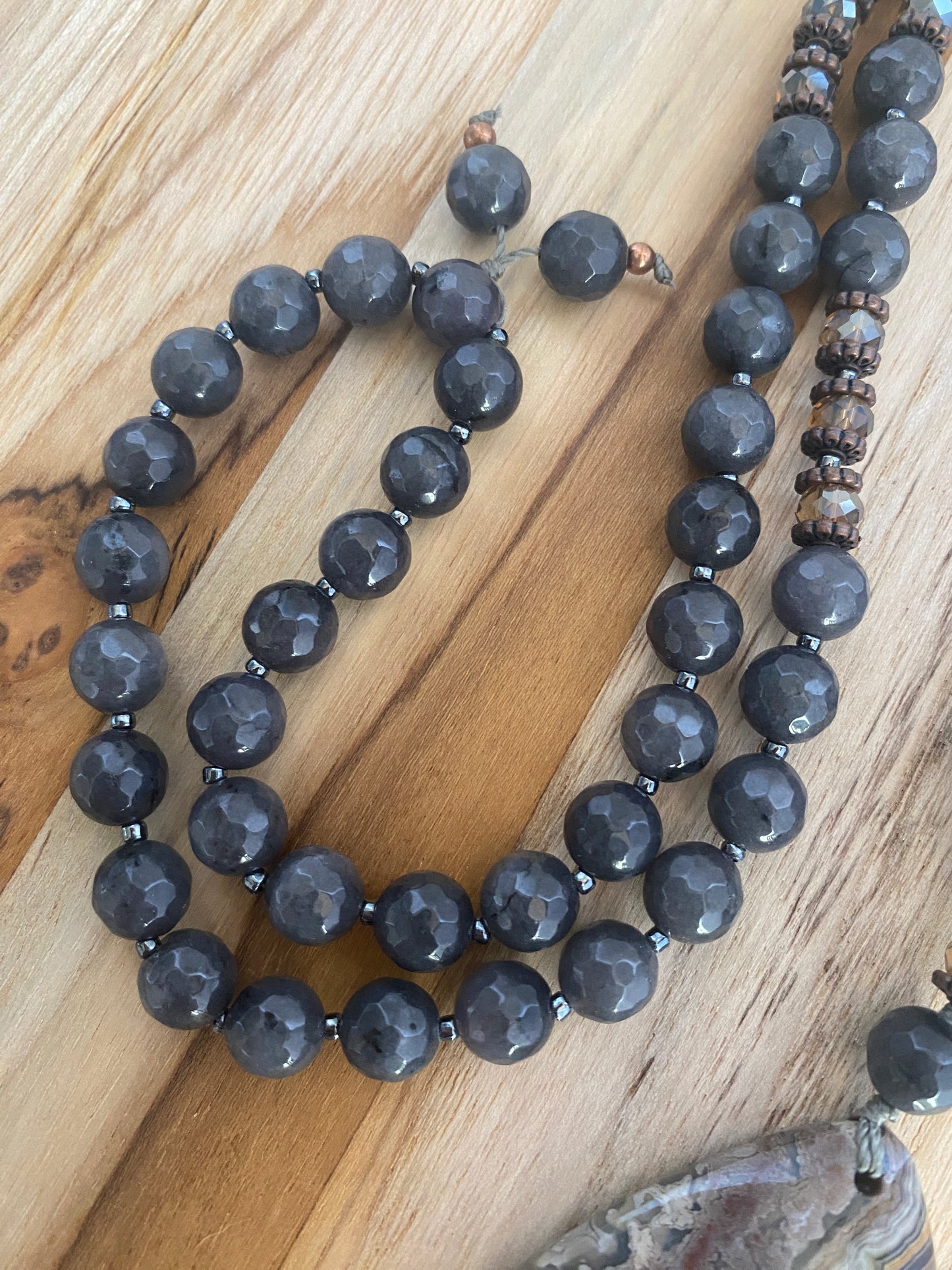 30" Long Crazy Lace Triangle Agate Pendant Necklace with Dark Grey Agate, Crystal & Copper Beads - My Urban Gems