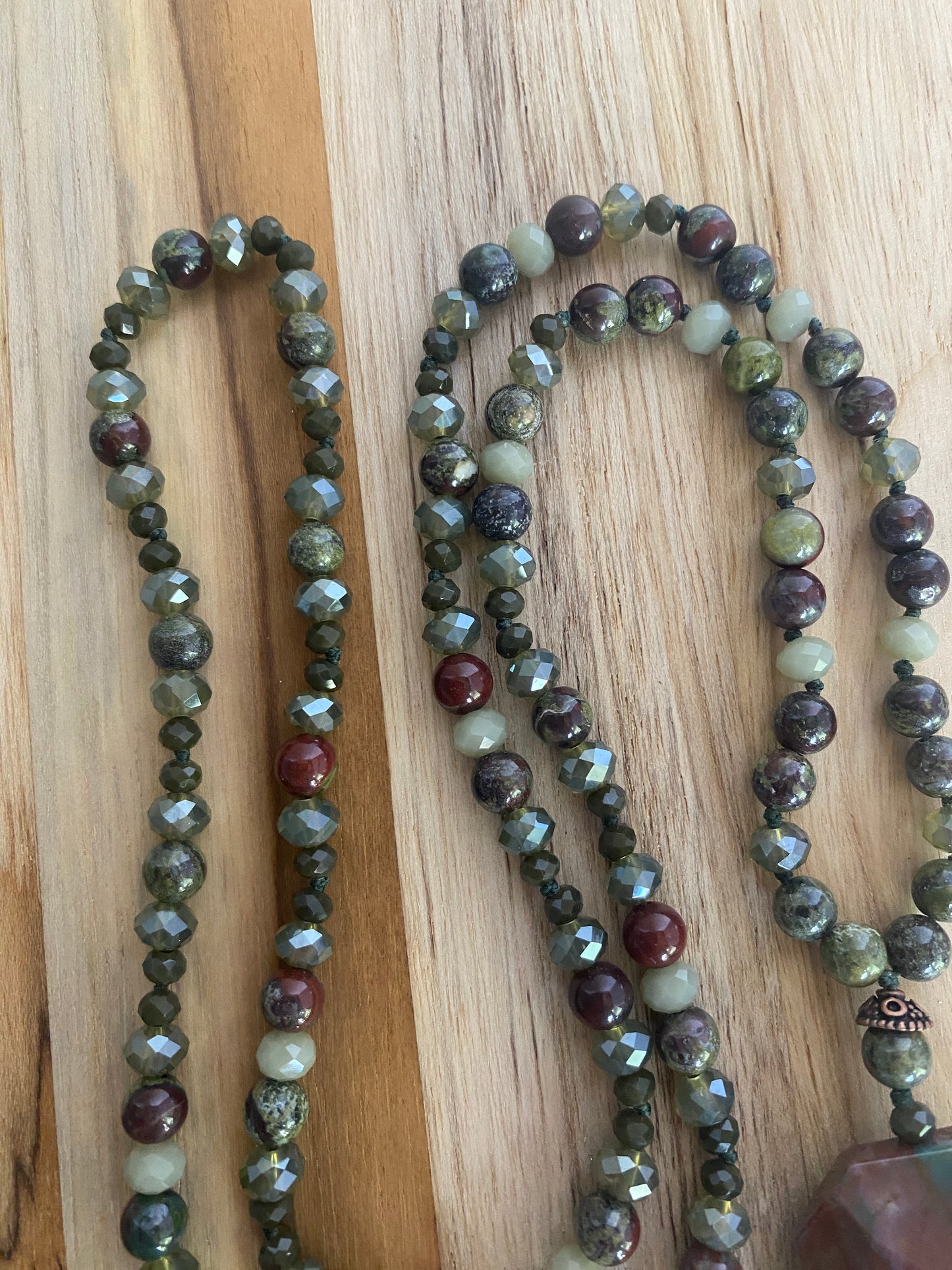 30" Long African Bloodstone & Crystal Necklace