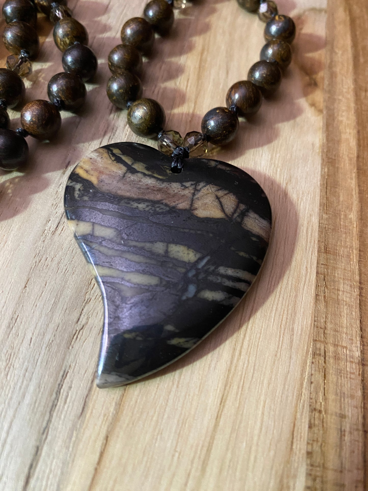 Long Tiger Iron Heart Necklace with Bronzite and Crystal Beads