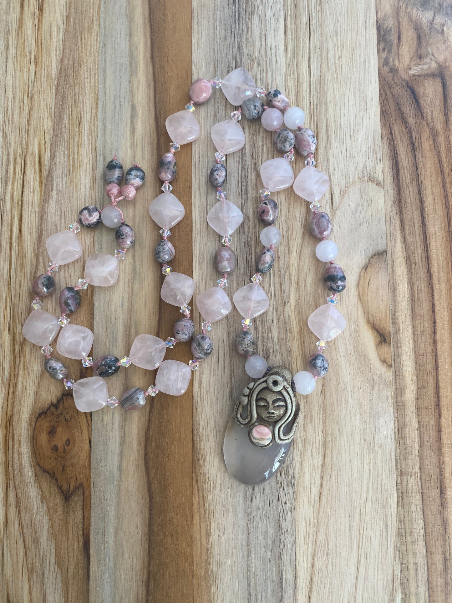 28" Long Polymer Clay Pendant Necklace with Rose Quartz, Rhodonite & Swarovski Crystal Beads