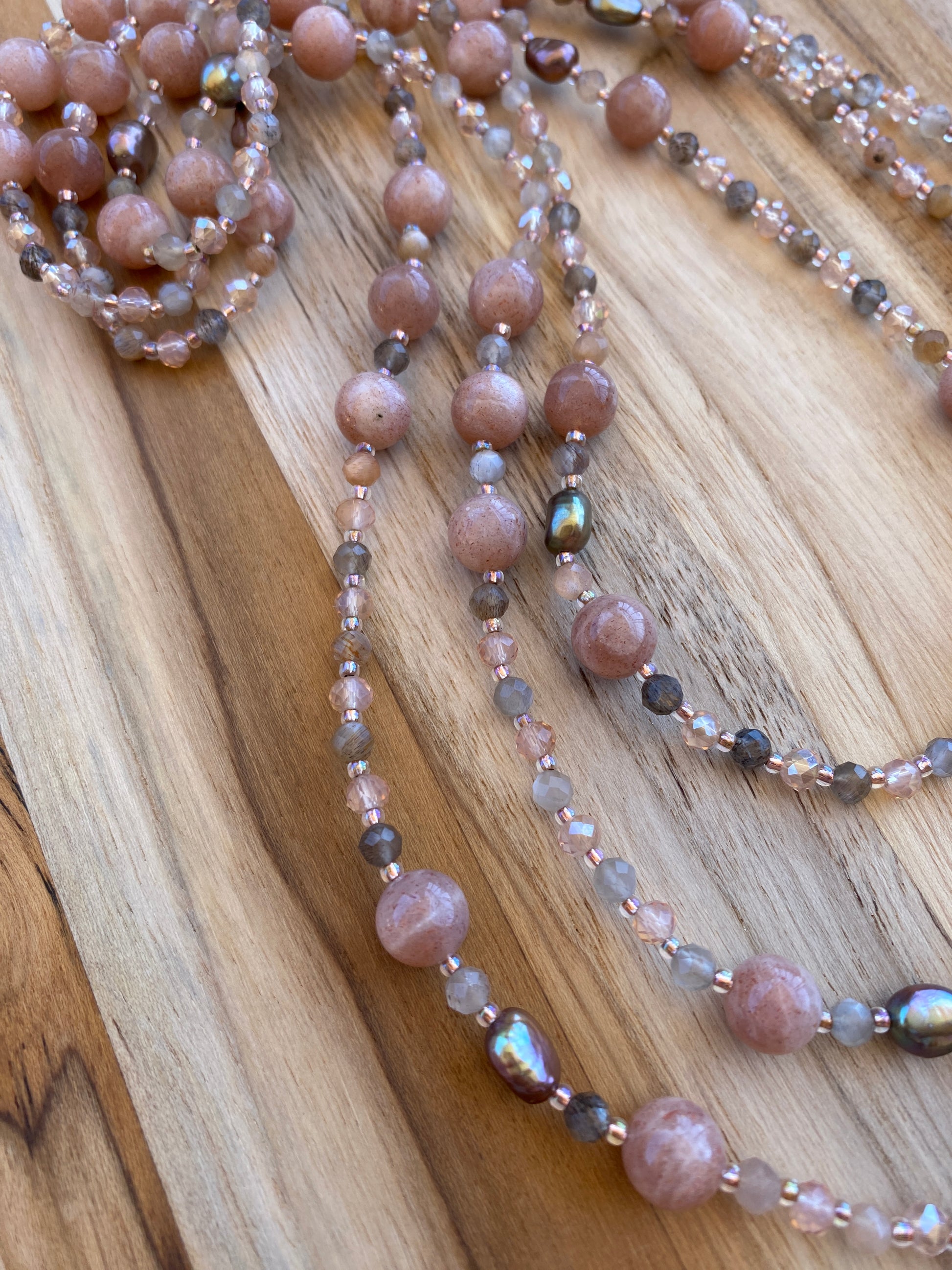 60" Extra Long Beaded Sunstone and Multi Colored Moonstone Necklace with Crystal Beads - My Urban Gems