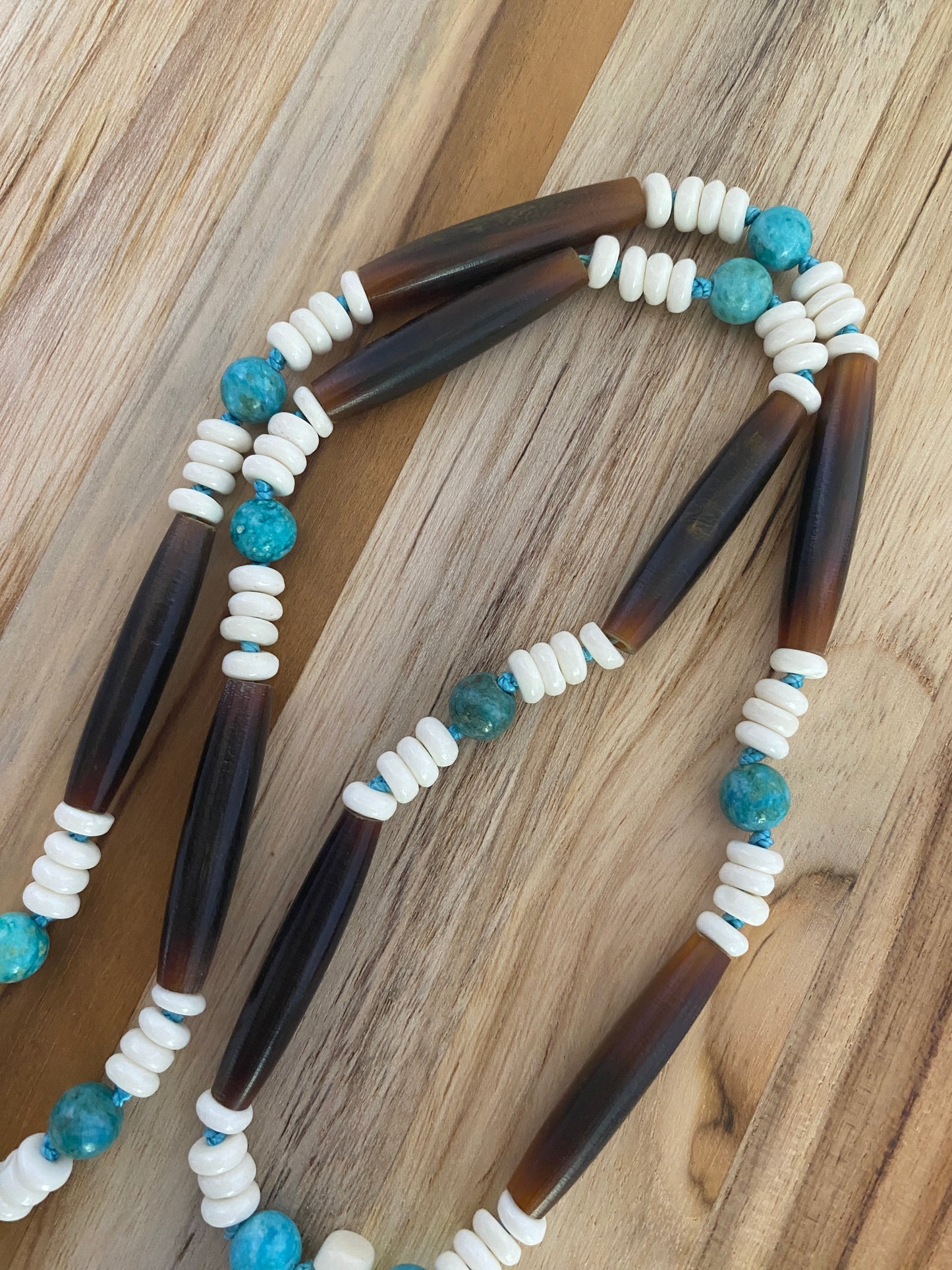 28" Long Feather Necklace with Brown & Turquoise Beads