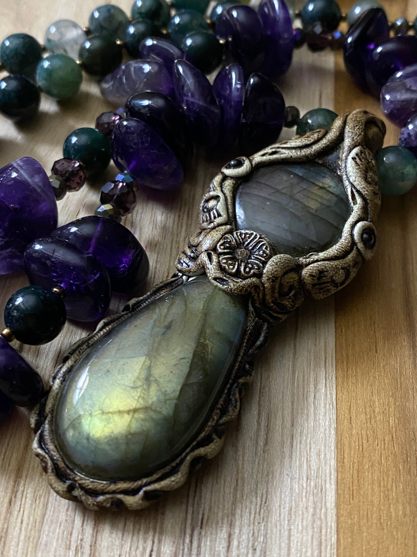 Polymer Clay Labradorite Pendant Necklace with Amethyst and Moss Agate Beads