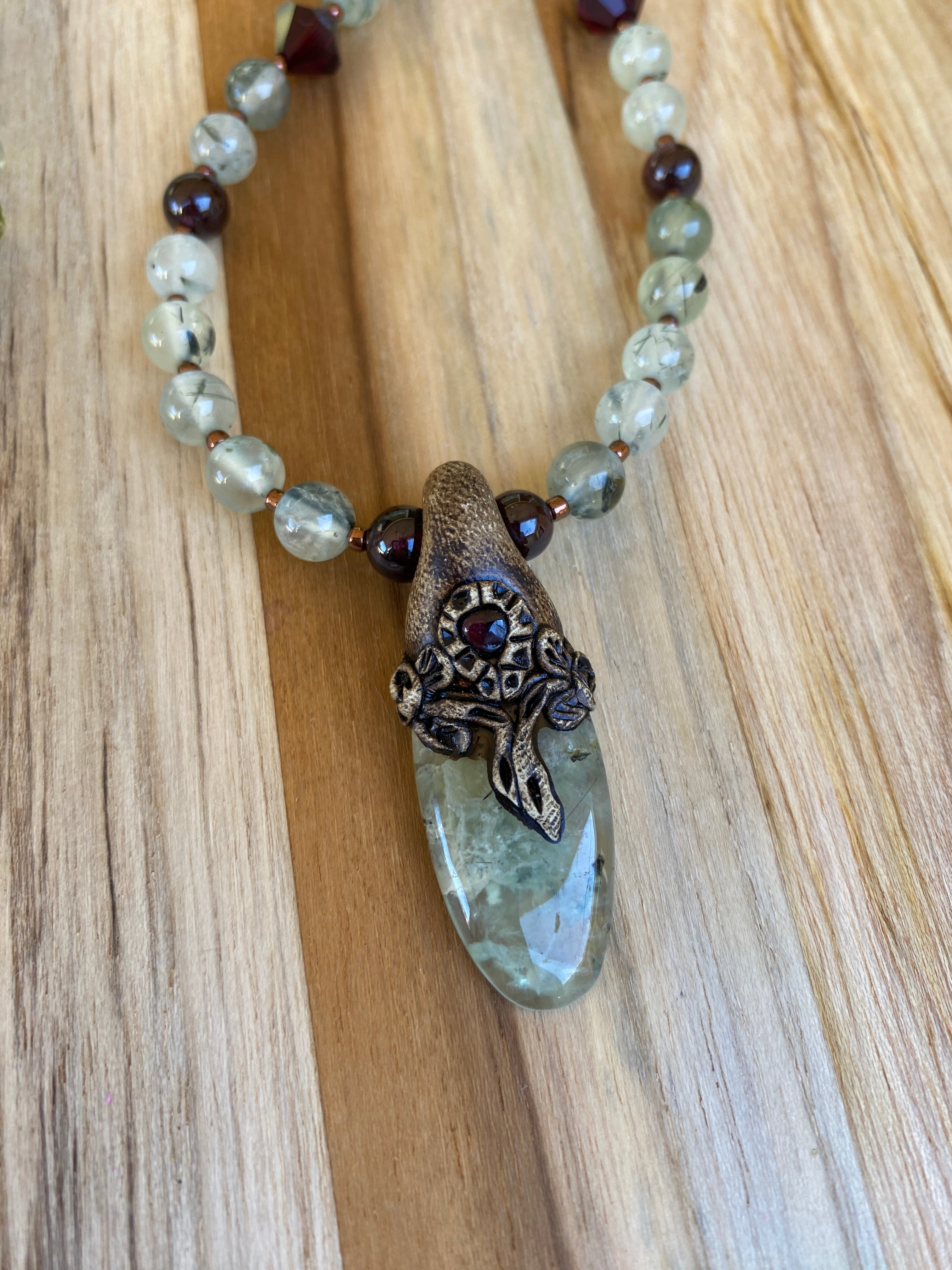 Prehnite Pendant Necklace with Prehnite and Garnet Beads