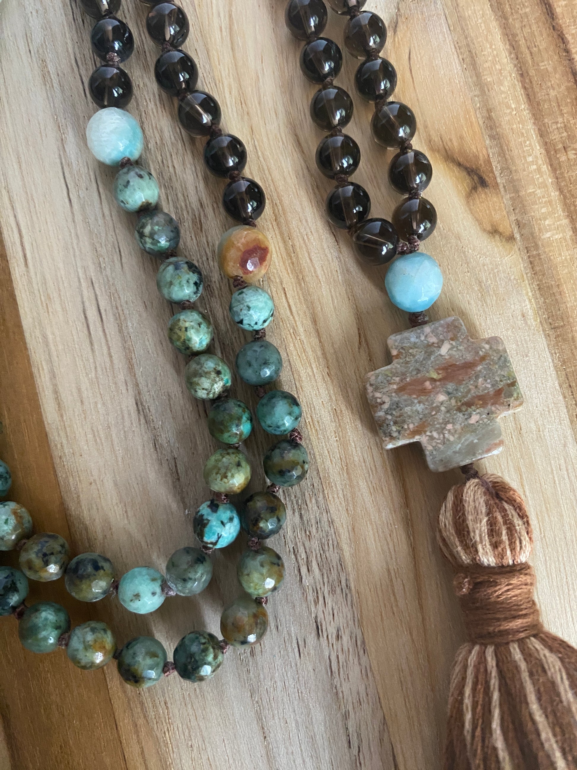 34" Long Smoky Quartz, African Turquoise & Amazonite 108 Bead Mala Prayer Tassel Necklace - My Urban Gems