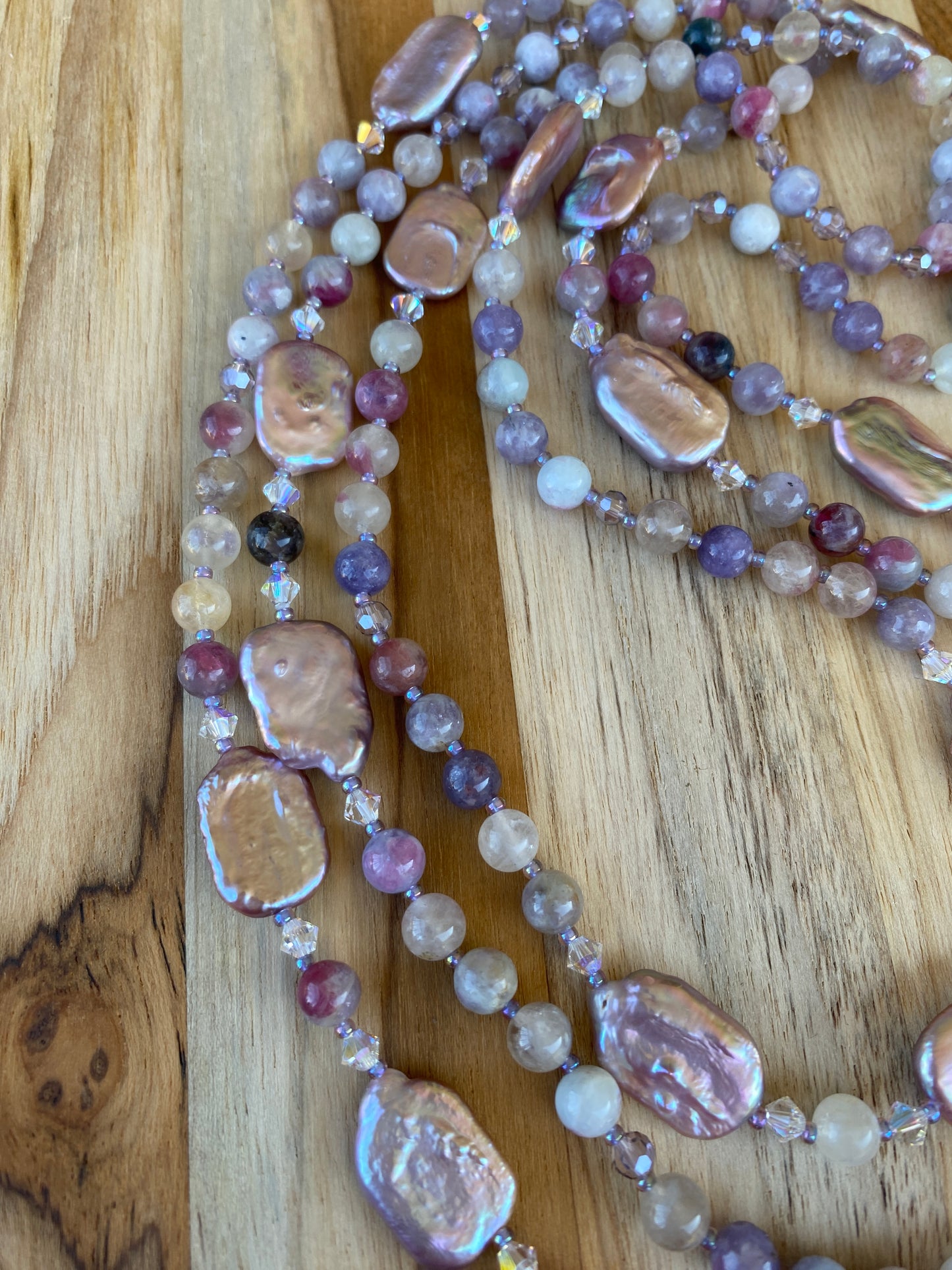 60" Extra Long Lavender Purple Beaded Biwa Pearl and Unicorn Stone Wraparound Style Necklace with Crystal Beads - My Urban Gems