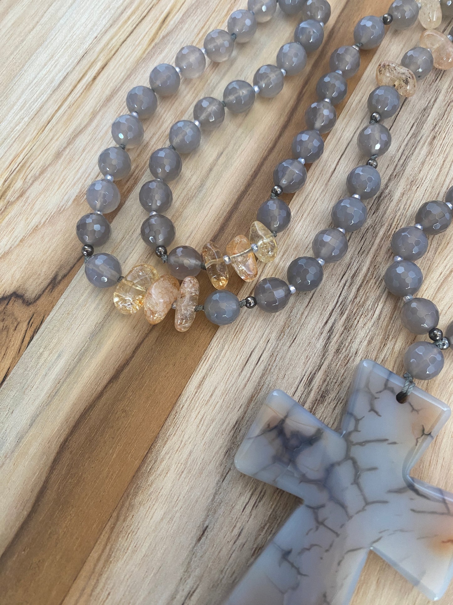 30" Long Grey Dragon Vein Agate Cross Pendant Necklace with Agate & Citrine Beads - My Urban Gems