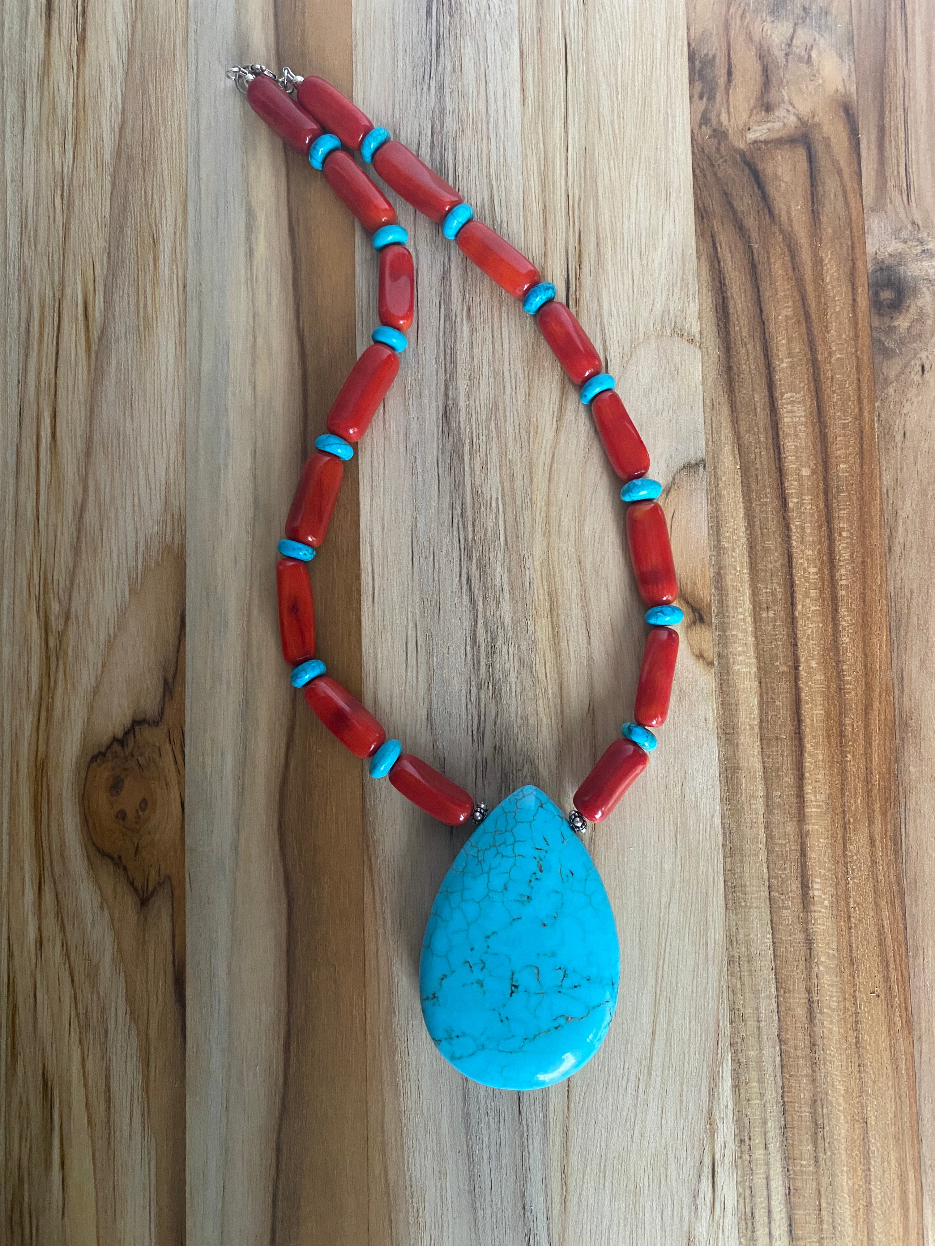 17" Long Turquoise Beaded Pendant Necklace with Red Tube Beads - My Urban Gems