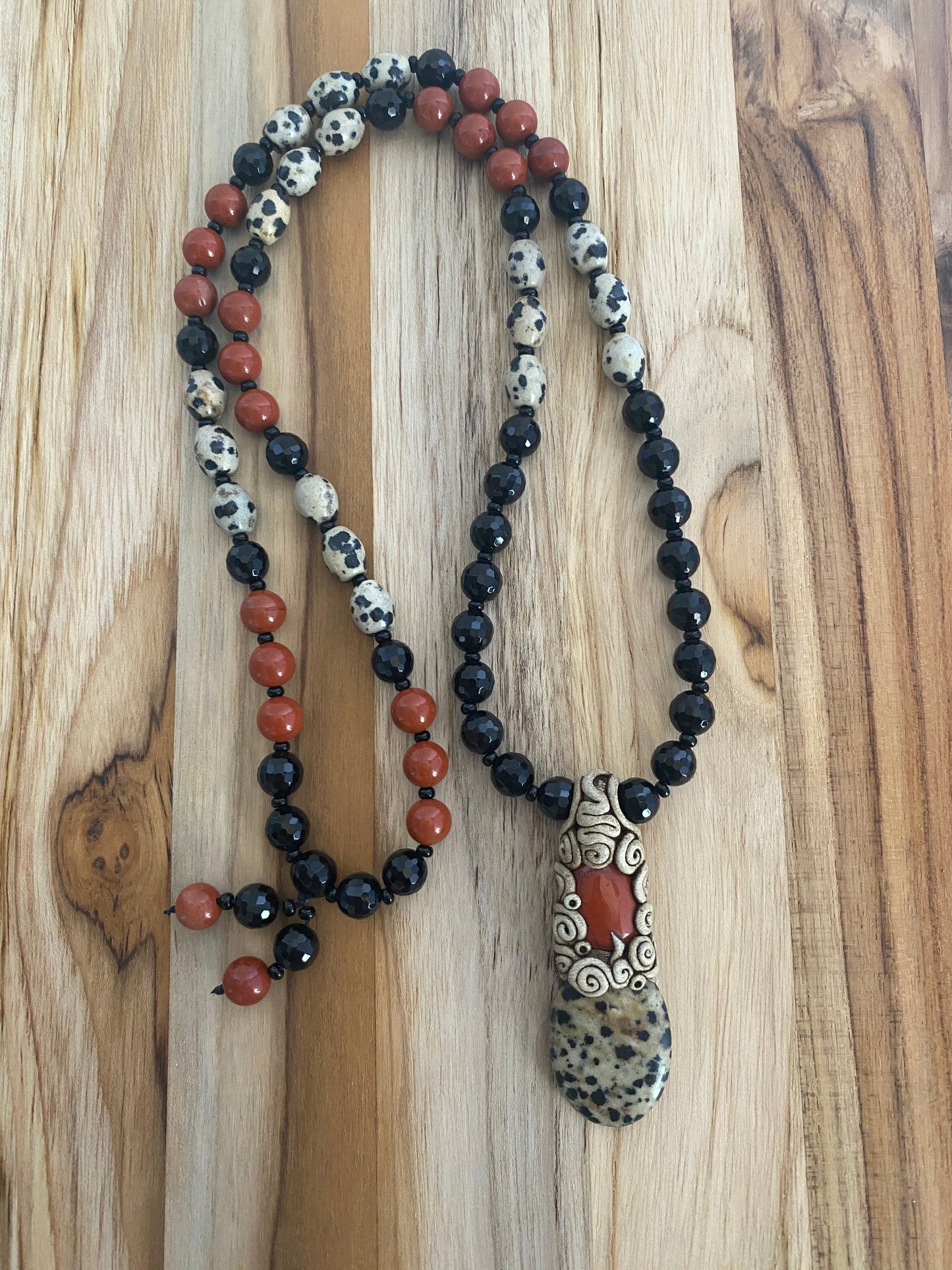28" Long Polymer Clay Pendant Necklace with Dalmatian Jasper Red Jasper & Black Onyx Beads