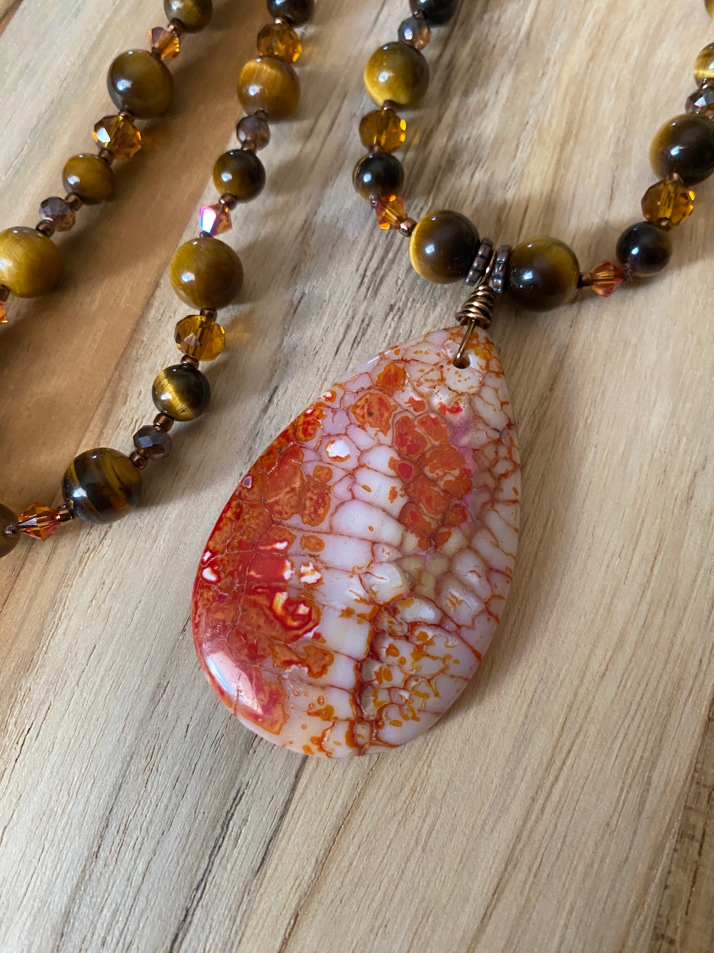 Long Dragon Vein Agate Pendant Necklace with Tiger Eye and Crystal Beads
