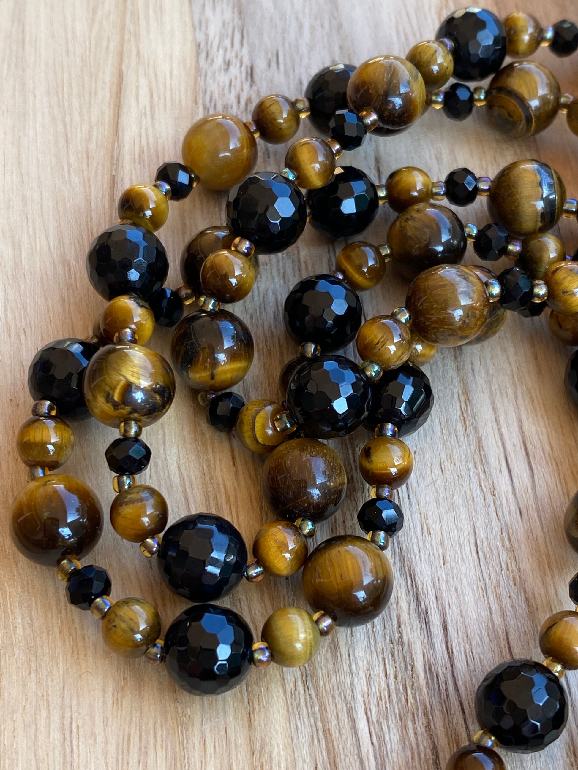 60" Extra Long Wraparound Black Onyx and Tigereye Beaded Necklace with Crystal Beads - My Urban Gems