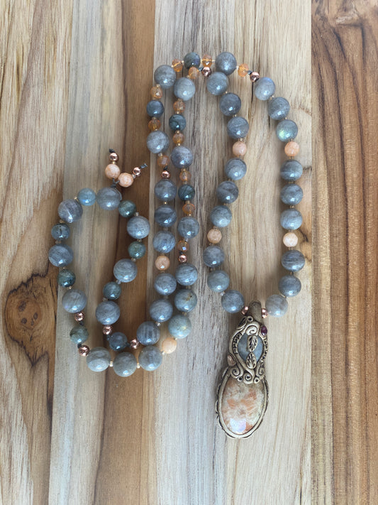 30" Long Hand Knotted Clay Pendant Necklace with Labradorite & Peach Agate Beads
