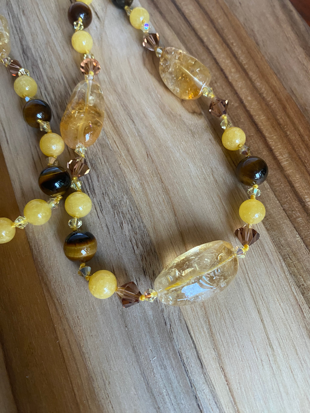 32" Long Citrine, Yellow Jade & Tiger Eye Beaded Necklace