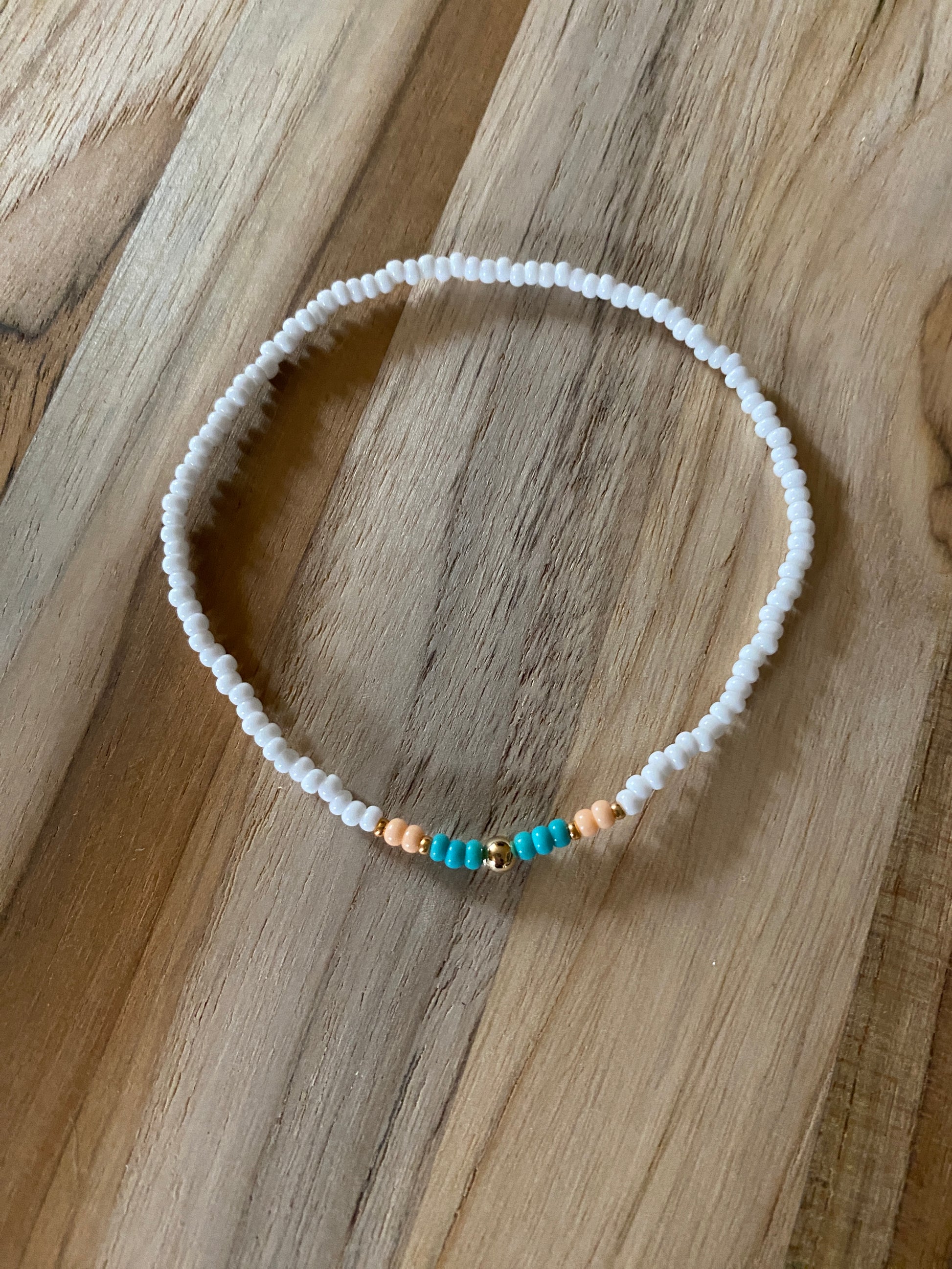 Beach Vibe Dainty White Seed Bead Ankle Anklet with Turquoise and Peach Accents - My Urban Gems