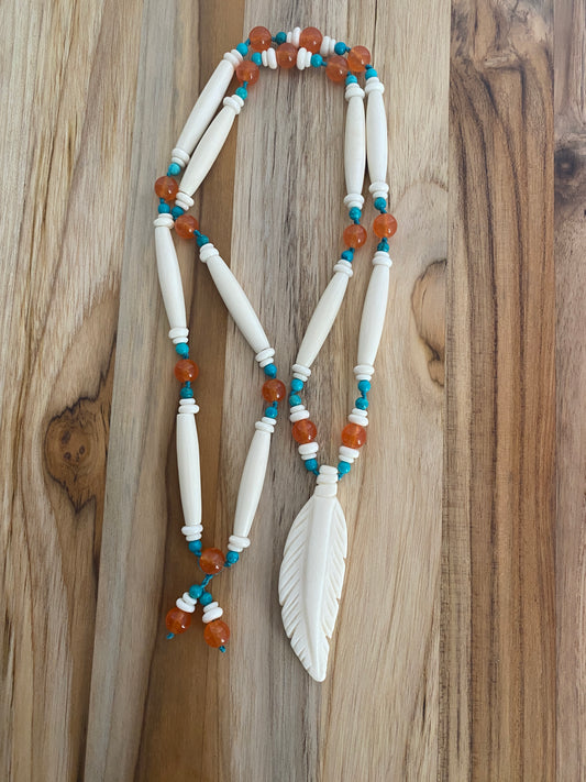 30" Long Native Inspired Pendant Necklace with Orange and Turquoise Beads