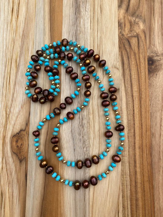 Long Natural Nevada Turquoise and Chocolate Pearl Necklace with Gold