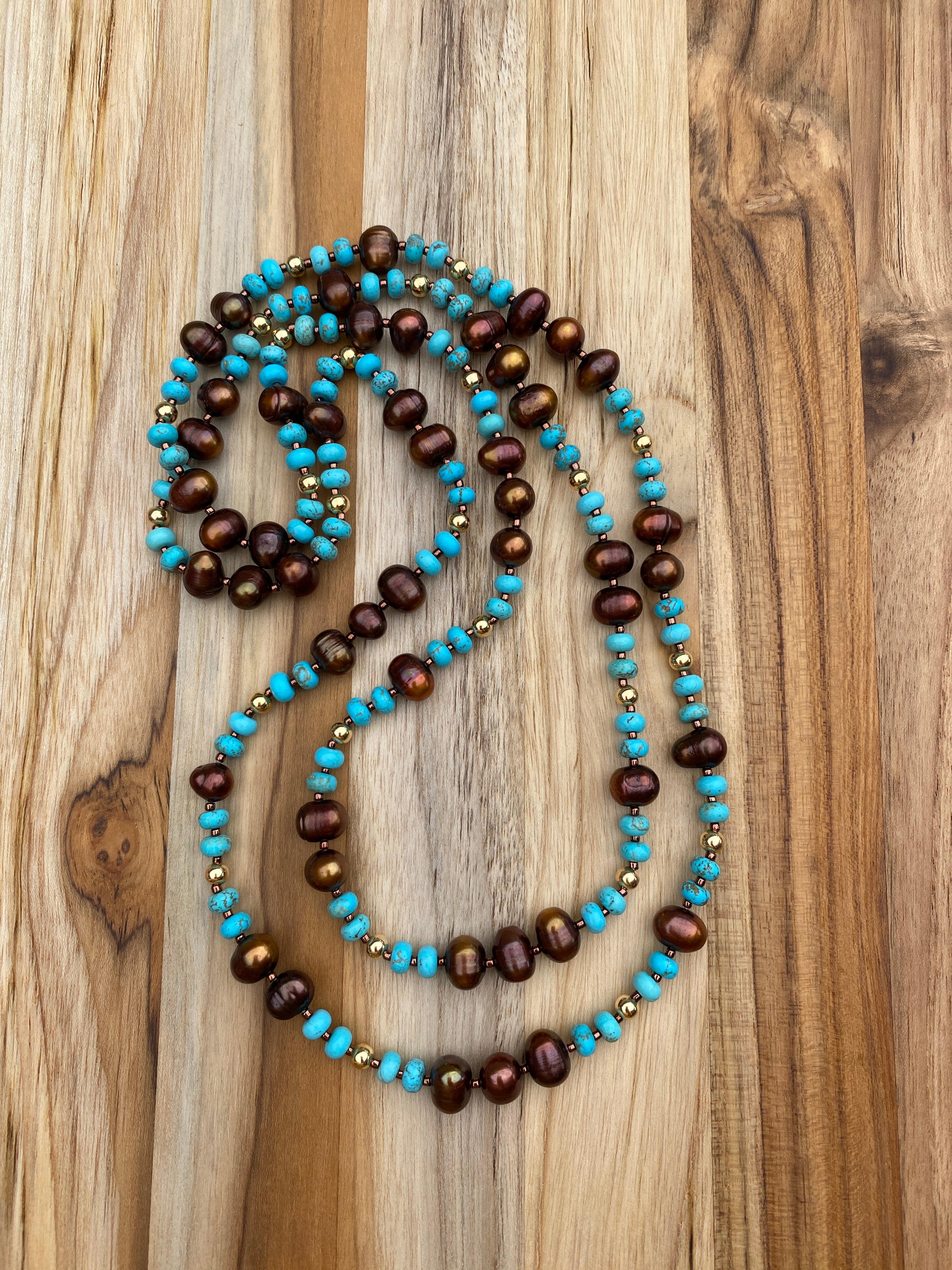 46” Long Natural Nevada Turquoise and Chocolate Pearl Necklace with Gold